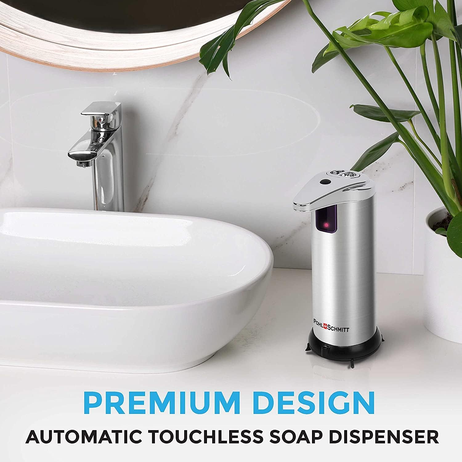 POHL SCHMITT Premium Automatic Soap Dispenser Touchless Battery Operated Soap Dispenser Bathroom, 3 Adjustment Levels, Waterproof and Leakproof, Stainless Steel, for Bathroom, Kitchen, Office and More