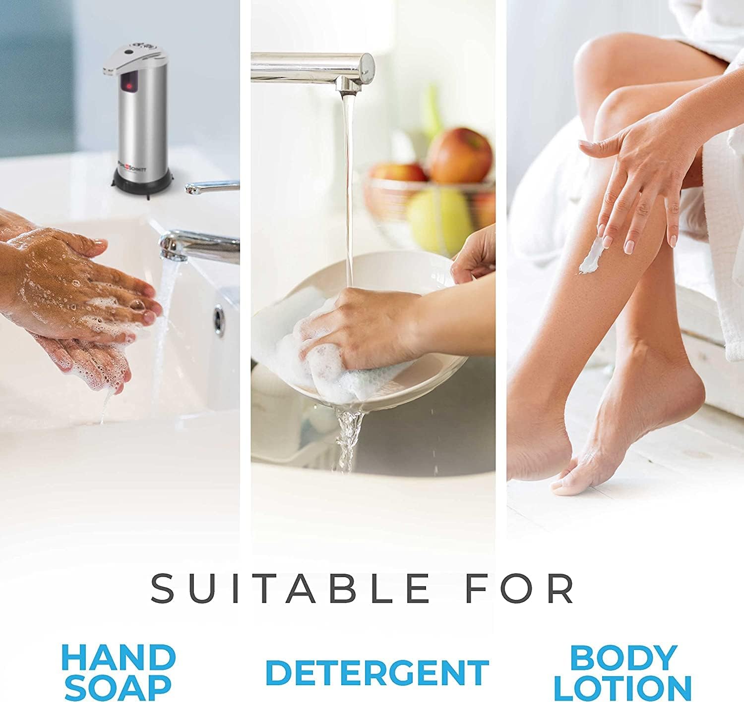 POHL SCHMITT Premium Automatic Soap Dispenser Touchless Battery Operated Soap Dispenser Bathroom, 3 Adjustment Levels, Waterproof and Leakproof, Stainless Steel, for Bathroom, Kitchen, Office and More