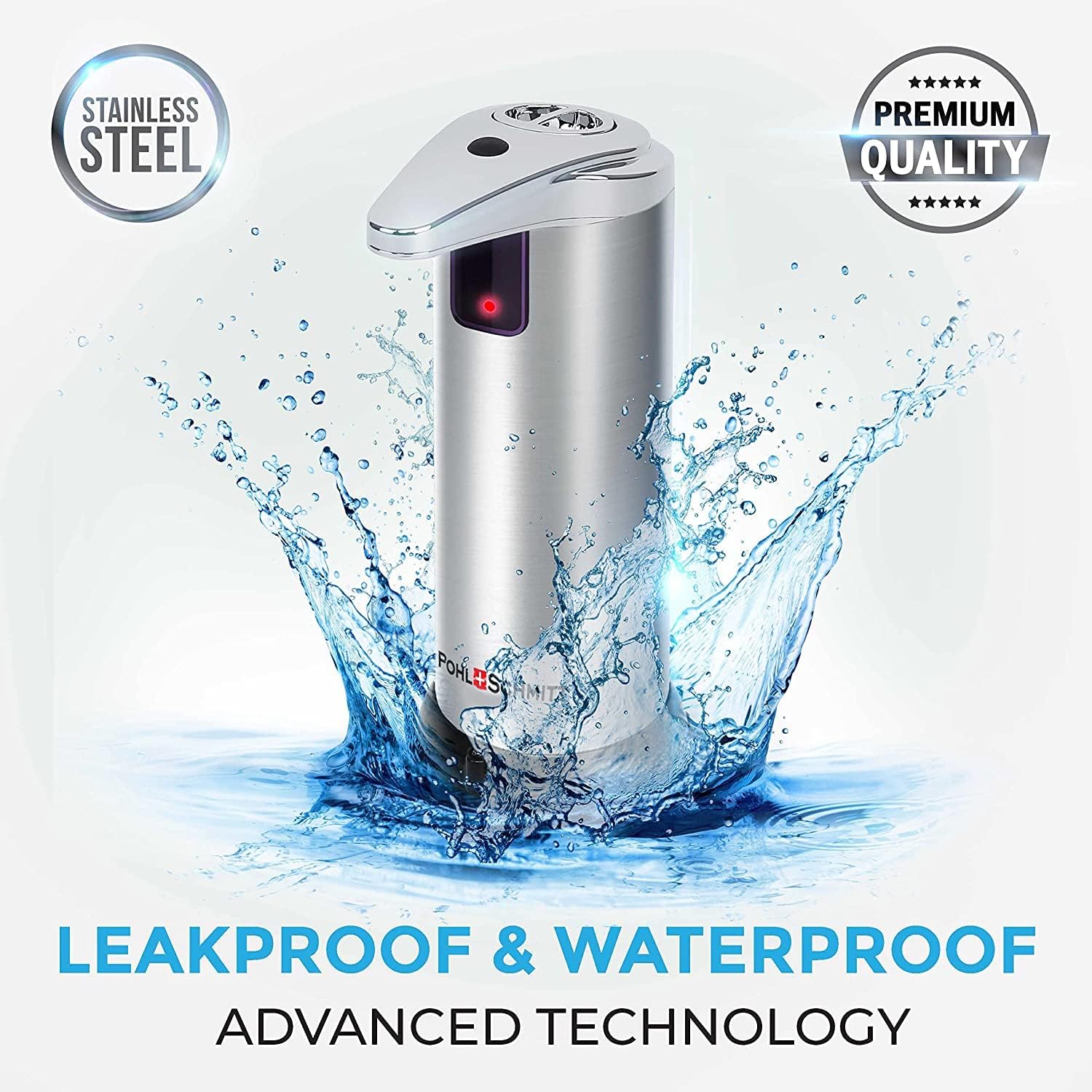 POHL SCHMITT Premium Automatic Soap Dispenser Touchless Battery Operated Soap Dispenser Bathroom, 3 Adjustment Levels, Waterproof and Leakproof, Stainless Steel, for Bathroom, Kitchen, Office and More