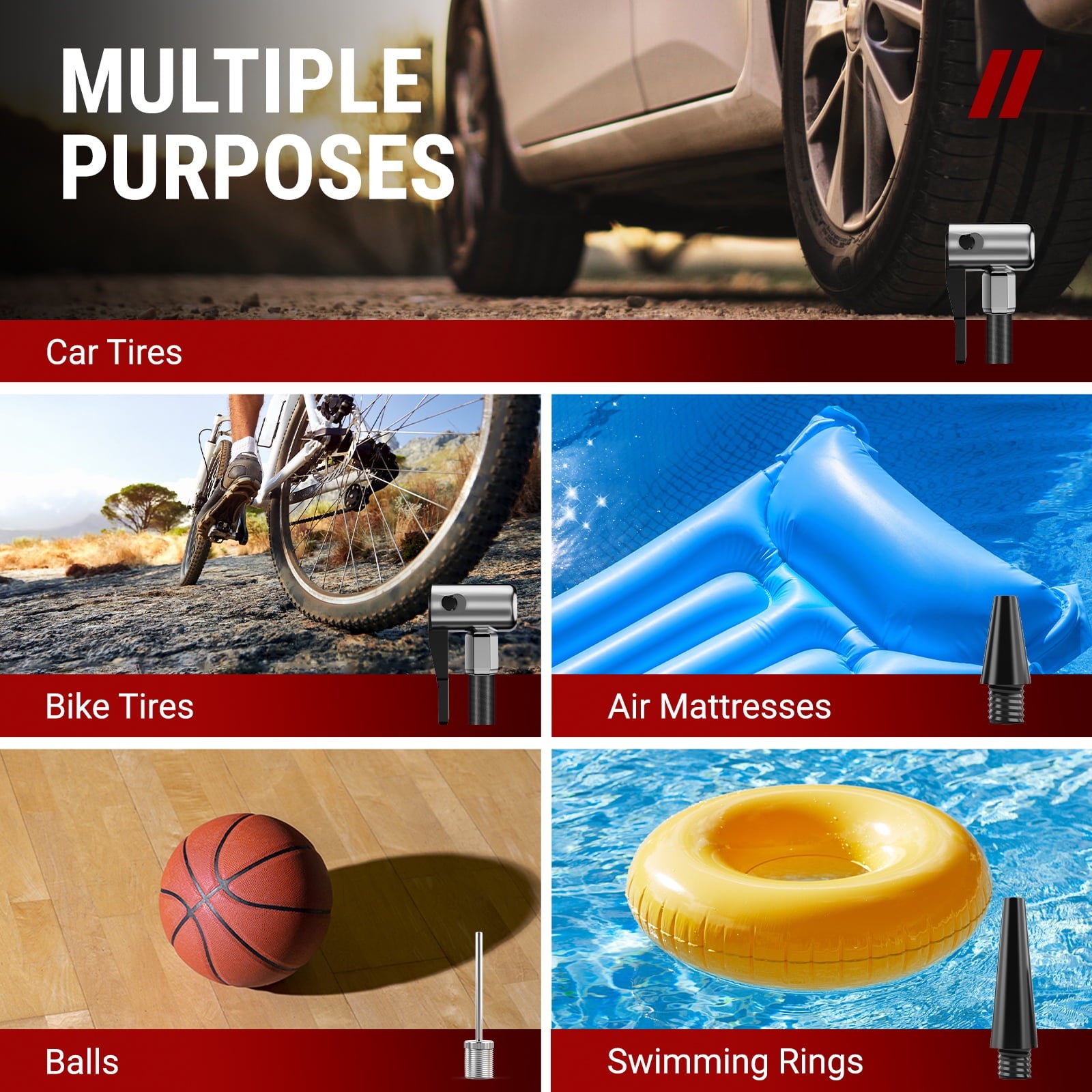 VacLife Tire Inflator Portable Air Compressor, DC 12V Auto Digital Air Pump with LED Light & 4 Accessories for Car Tires, Bicycles and Other Inflatables