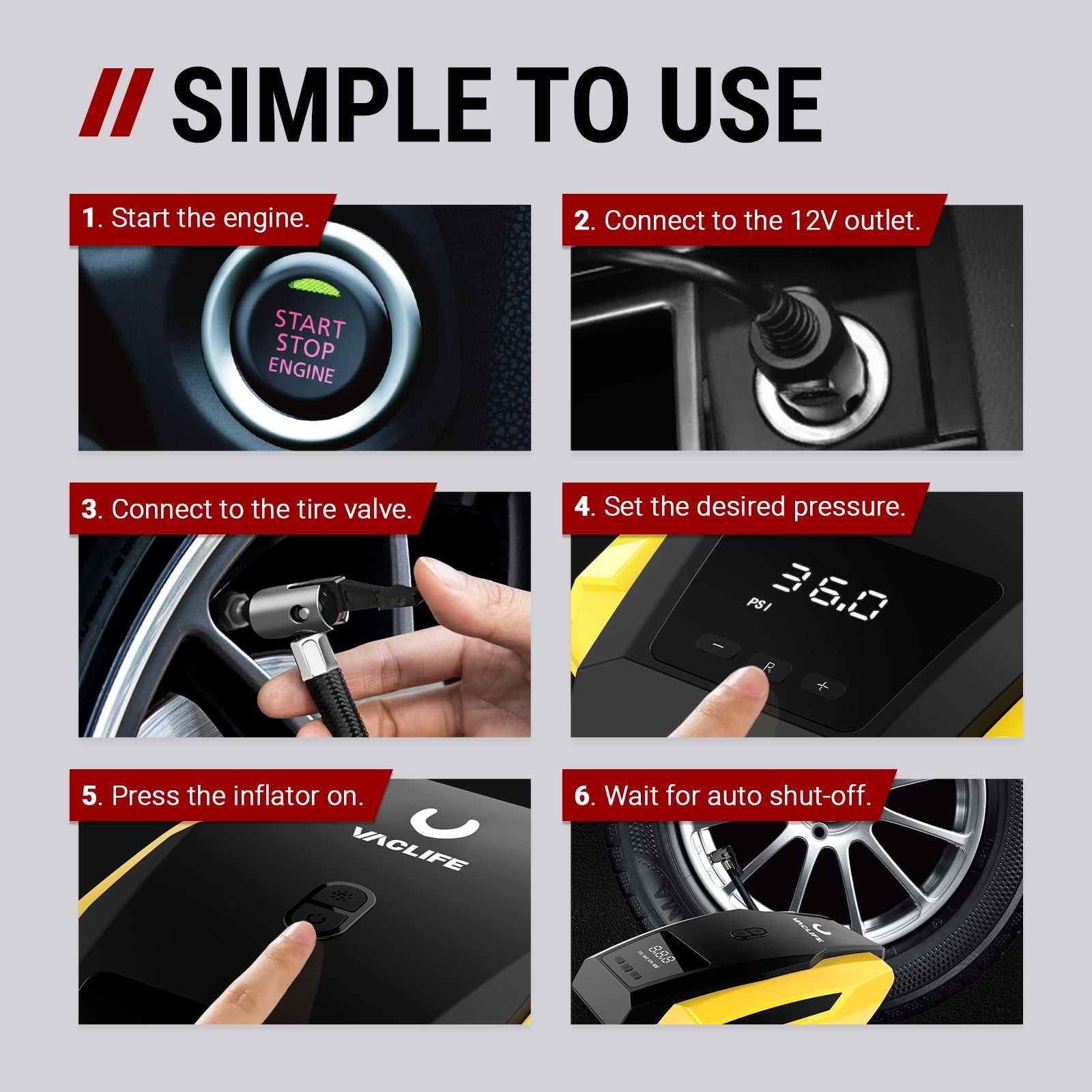 VacLife Tire Inflator Portable Air Compressor, DC 12V Auto Digital Air Pump with LED Light & 4 Accessories for Car Tires, Bicycles and Other Inflatables