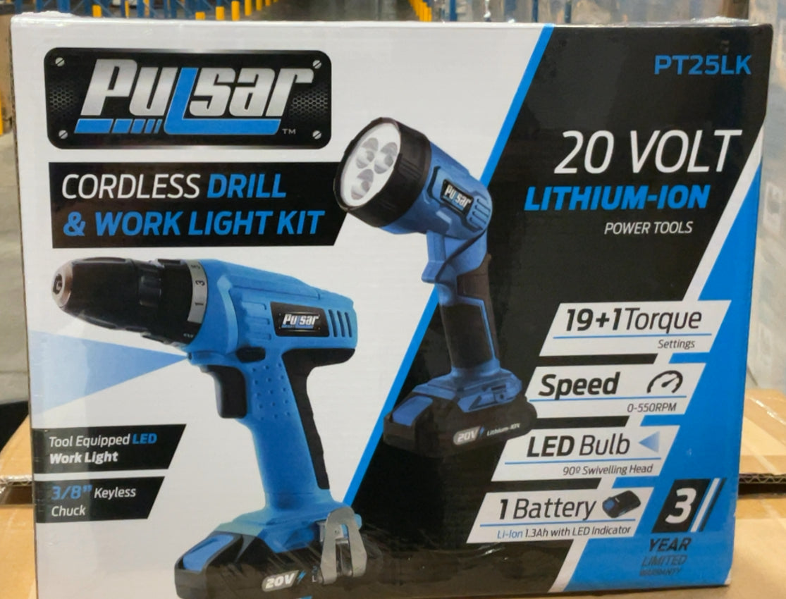 Pulsar 20V Cordless 1.3Ah Lithium-Ion Drill/Driver & Work Light Kit, Featuring A 19+1 Torque Setting Drill, an Adjustable & Freestanding LED Work Light (Kit Includes Battery & Charger), PT25LK