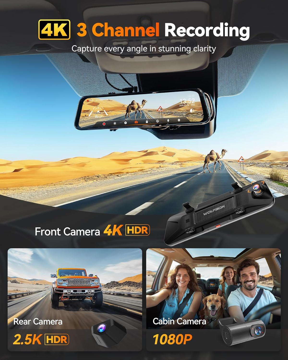 WOLFBOX G900 Tripro Cabin Version 3 Channel 4K Rear View Mirror Camera, STARVIS 2 IMX678 Night Vision,4K+1080P+2.5K Front Inside and Rear Mirror Dash Cam,5.8GHz WiFi,Voice Control,Includes 256GB Card