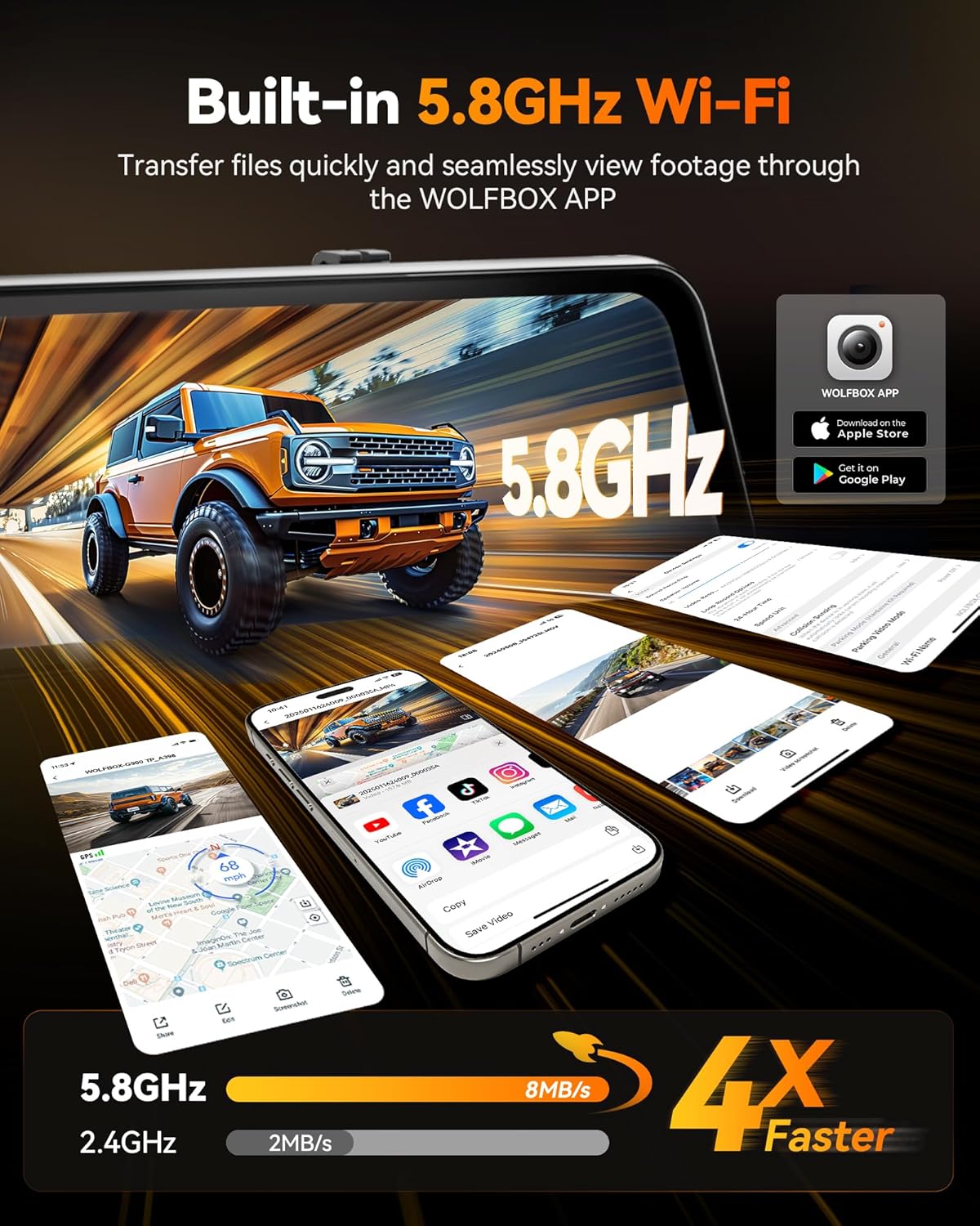 WOLFBOX G900 Tripro Cabin Version 3 Channel 4K Rear View Mirror Camera, STARVIS 2 IMX678 Night Vision,4K+1080P+2.5K Front Inside and Rear Mirror Dash Cam,5.8GHz WiFi,Voice Control,Includes 256GB Card