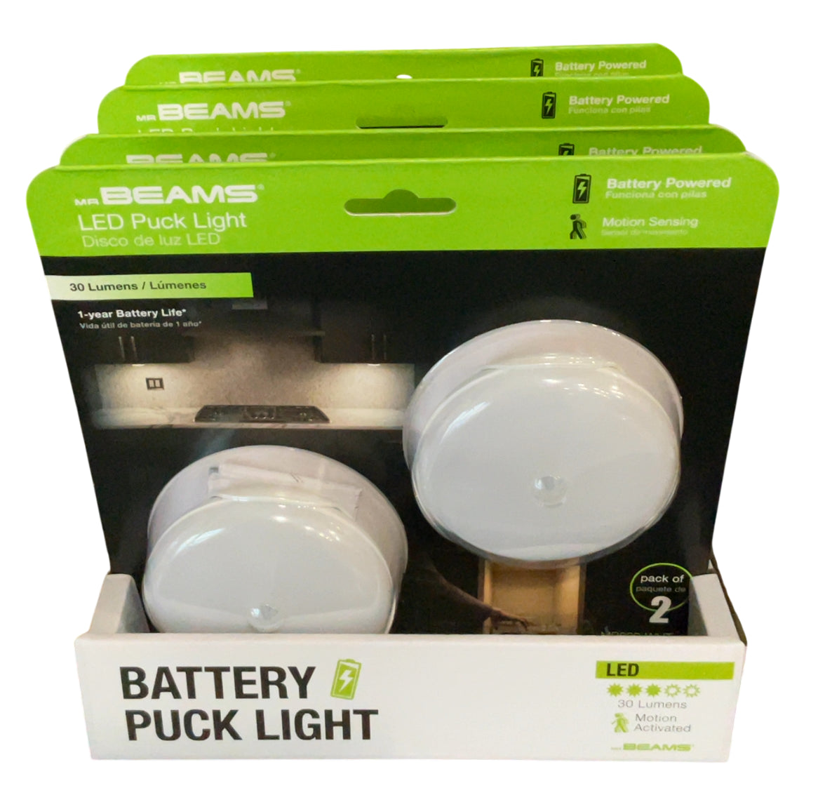 Indoor Battery Powered Motion Activated 30 Lumen LED Puck Light, White (2-Pack)