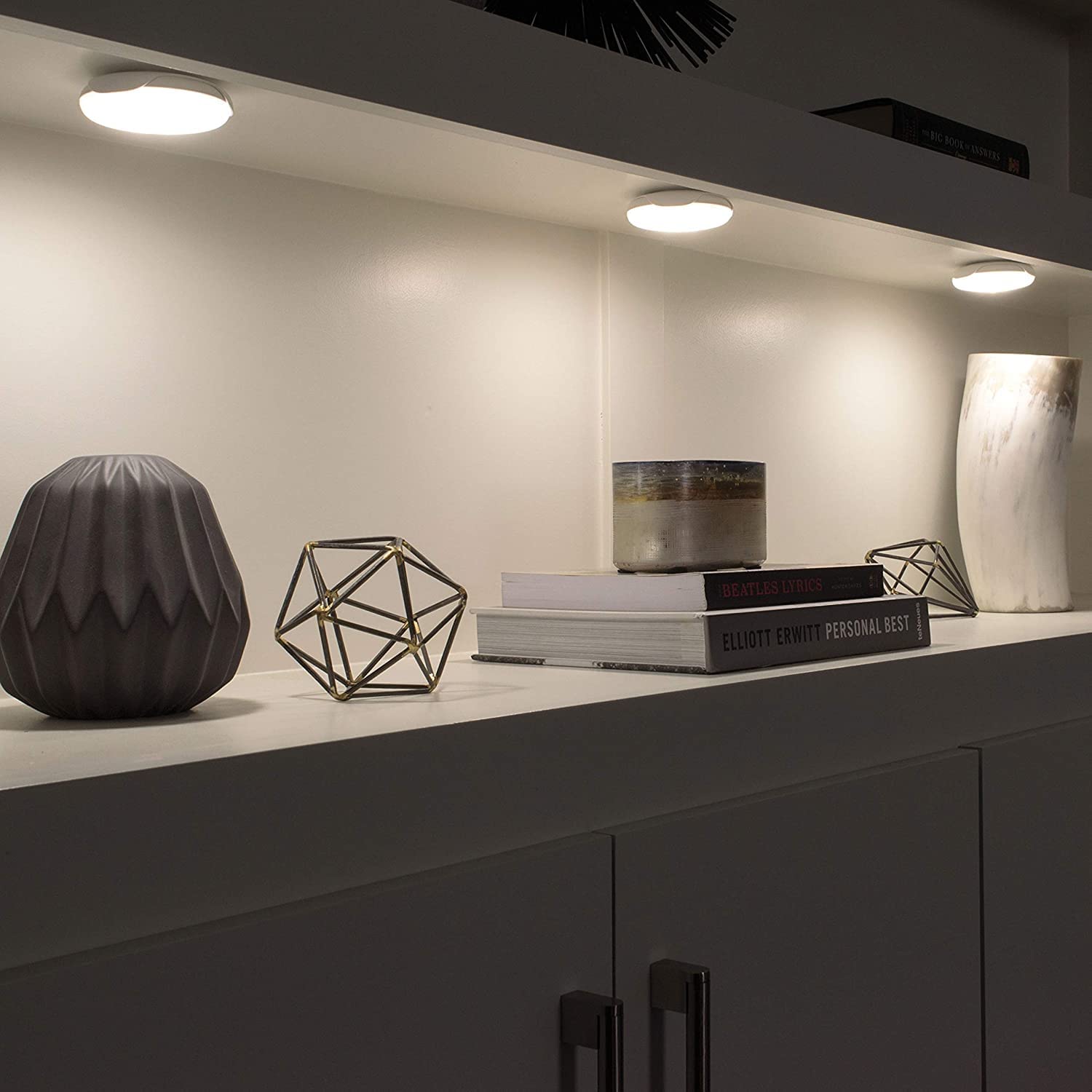 Indoor Battery Powered Motion Activated 30 Lumen LED Puck Light, White (2-Pack)