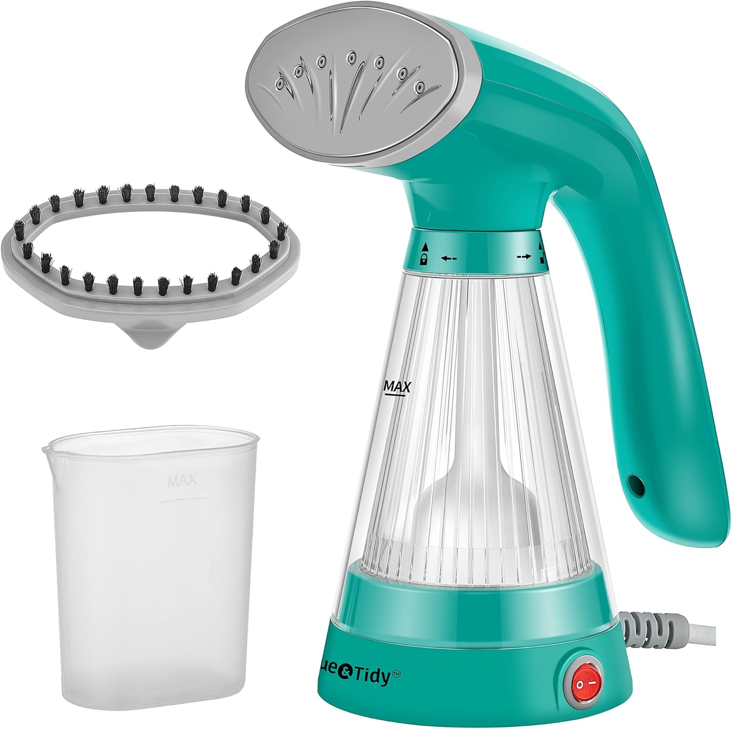 True & Tidy, Steam Hand Held Steamer with Stainless Steel Nozzle, Includes Fabric Brush and Water Cup, Teal