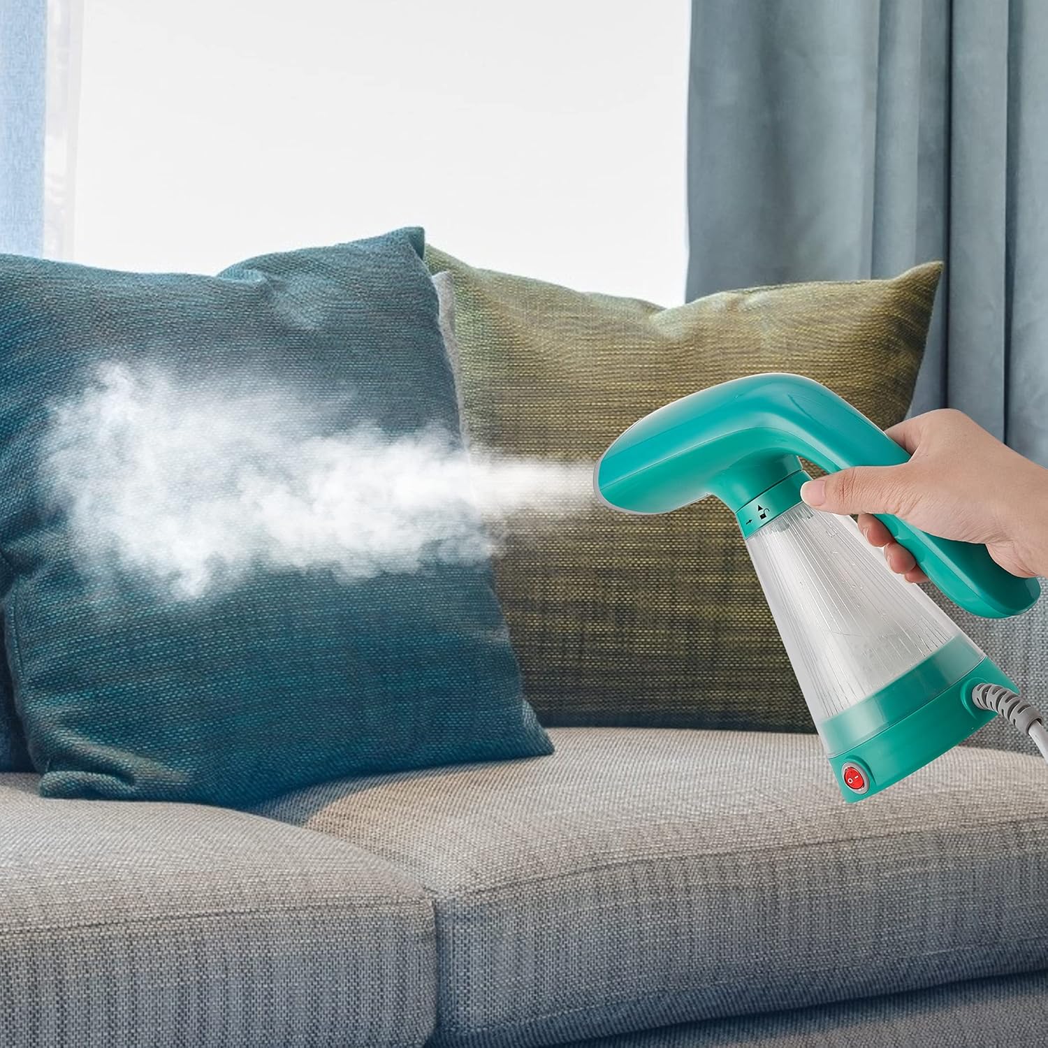 True & Tidy, Steam Hand Held Steamer with Stainless Steel Nozzle, Includes Fabric Brush and Water Cup, Teal