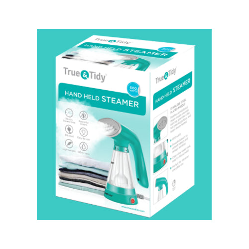 True & Tidy, Steam Hand Held Steamer with Stainless Steel Nozzle, Includes Fabric Brush and Water Cup, Teal