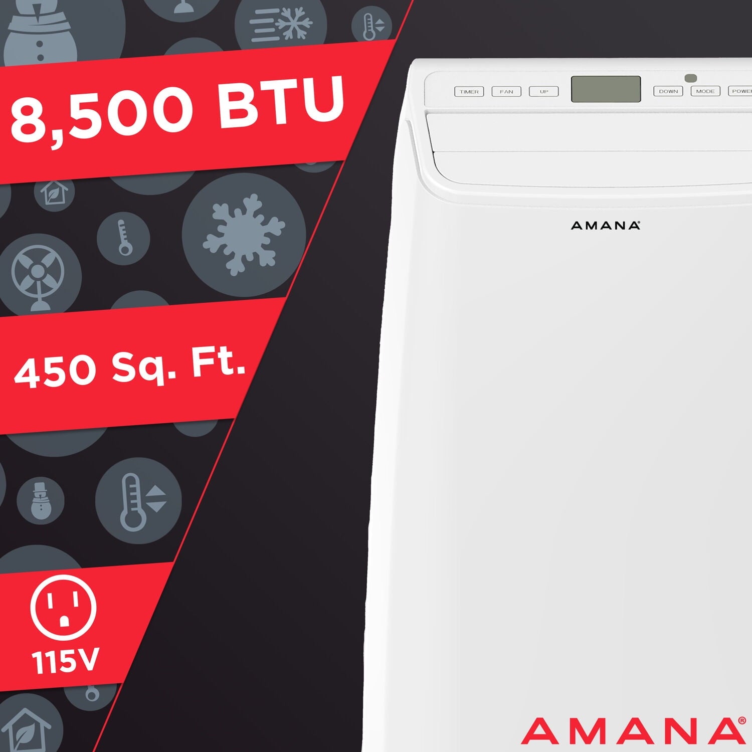 Amana New 8,500 BTU (13,000 BTU ASHRAE)450 Sq ft, 120 V Portable Air Conditioner w Supplemental Heat, White