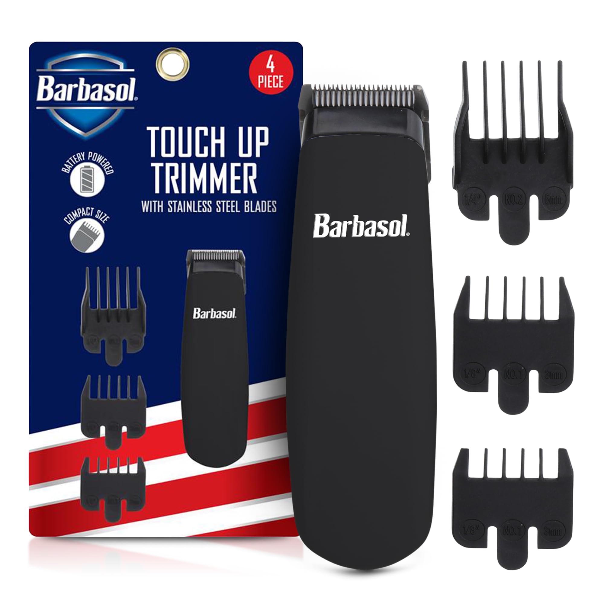 Barbasol Touch Up Trimmer for Men, Compact Electric Xtreme Precision Beard and Hair Trimmer with Stainless Steel Blades & 3 Guide Combs (3, 6, 10mm), Wireless, AA Battery Powered (not Included)