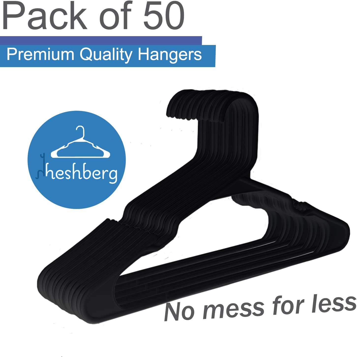 Heshberg Plastic Notched Hangers Space Saving Tubular Clothes Hangers Standard Size Ideal for Everyday Use on Shirts, Coats, Pants, Dress, Skirts, Etc. (50, Black)