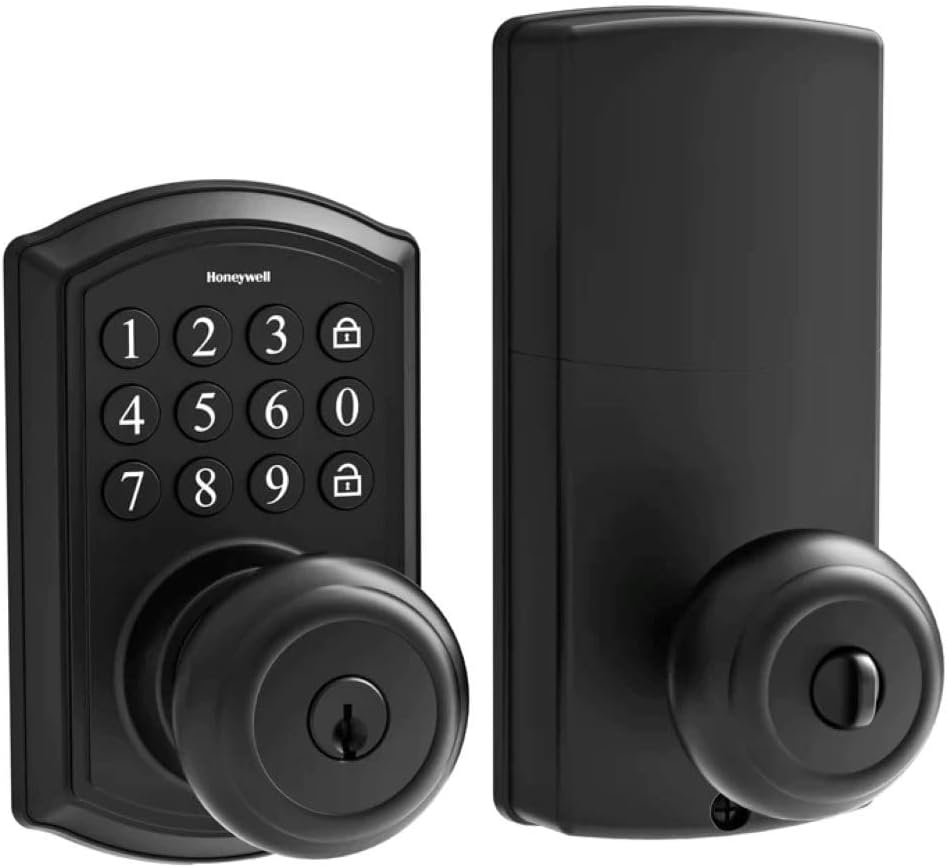 Honeywell Electronic Digital Knob with Keypad: Keyless Door Entry Set, Black, Metal, Battery Operated, Includes 2 Keys