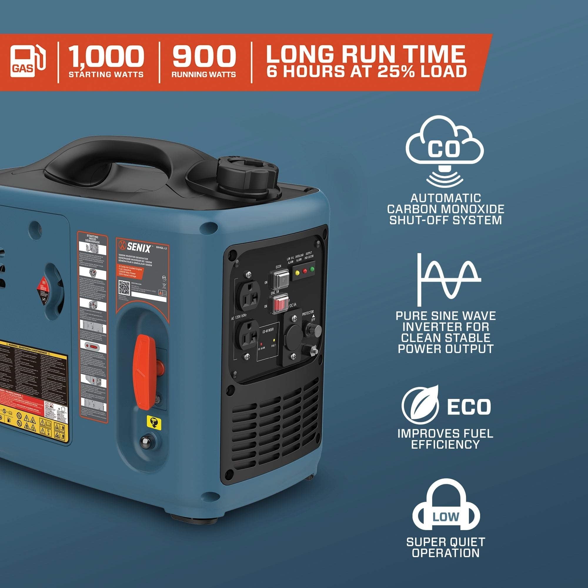 SENIX 1000W Portable Inverter Gas Generator,Gasoline-Powered Generator, CO Detect,Super Quiet & Lightweight,Low Oil Shutdown for Home Backup and Camping