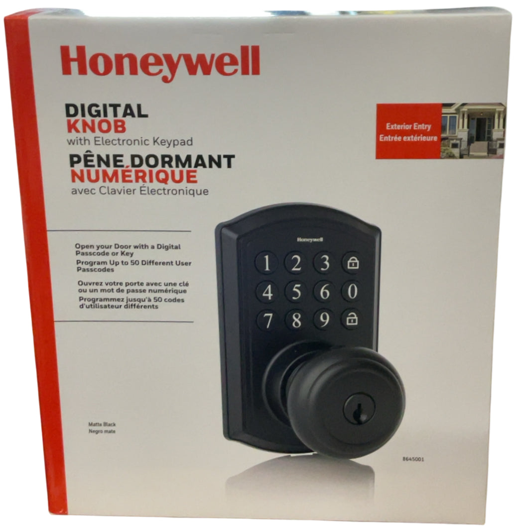 Honeywell Electronic Digital Knob with Keypad: Keyless Door Entry Set, Black, Metal, Battery Operated, Includes 2 Keys