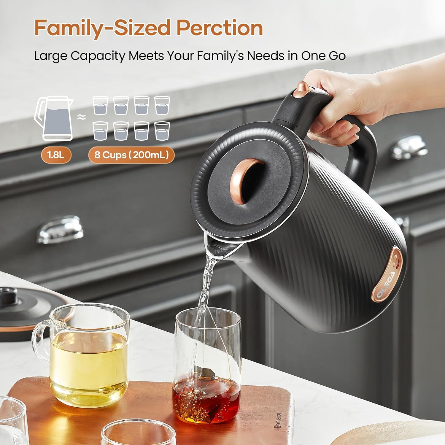 OLEGA Electric Kettle - 1500W Electric Tea Kettle 1.8L Stainless Steel Inner Electric Kettles for Boiling Water Auto Shut Off Boil-Dry Protection, Black