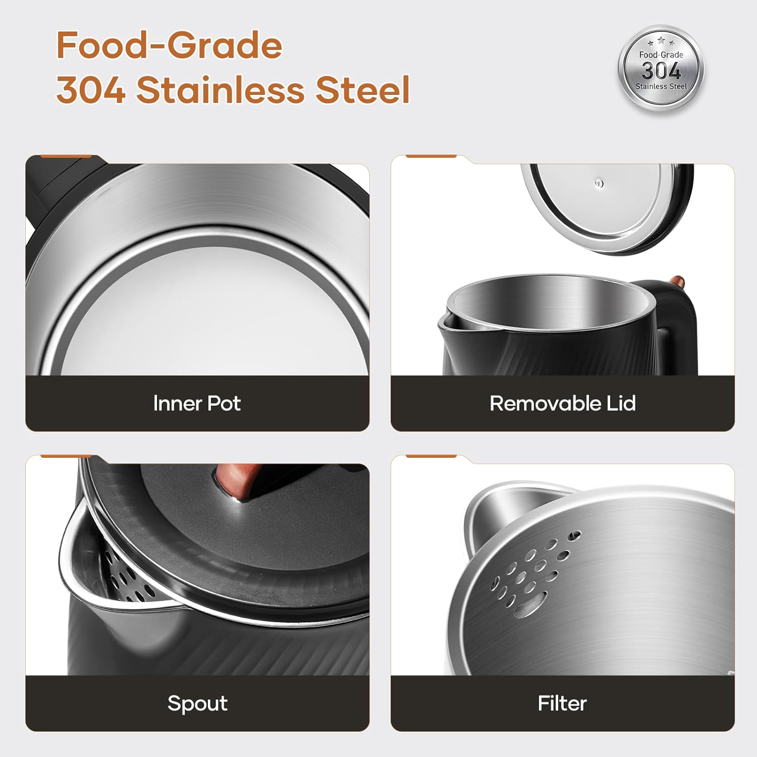 OLEGA Electric Kettle - 1500W Electric Tea Kettle 1.8L Stainless Steel Inner Electric Kettles for Boiling Water Auto Shut Off Boil-Dry Protection, Black