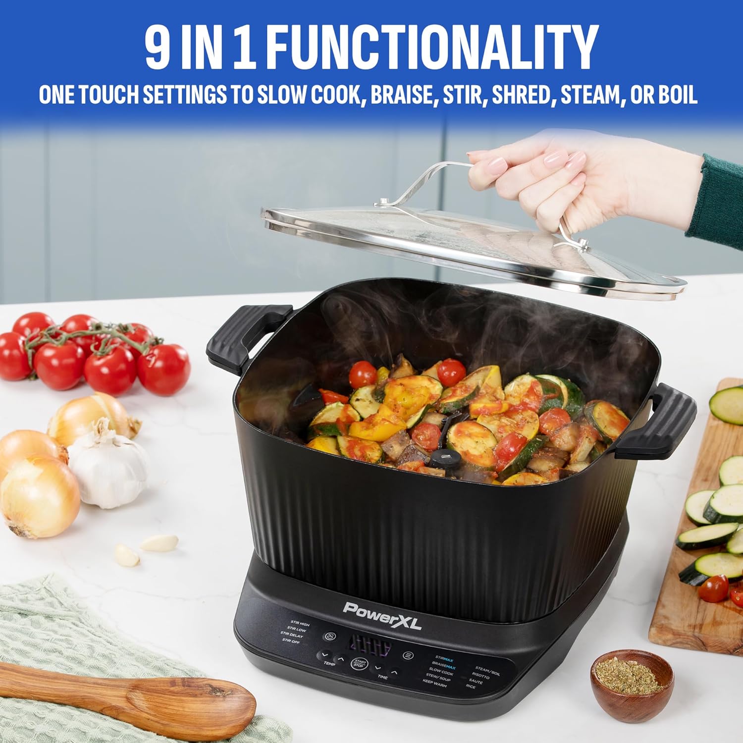 STIRMAX DELUXE 7.5 Quart Digital Multi-Cooker with Automatic Paddle to Stir and Shred, 9 in 1 programmable presets to Saut, Sear, and Brown Food Before Simmering Accessories, Skillet, & Cookbook