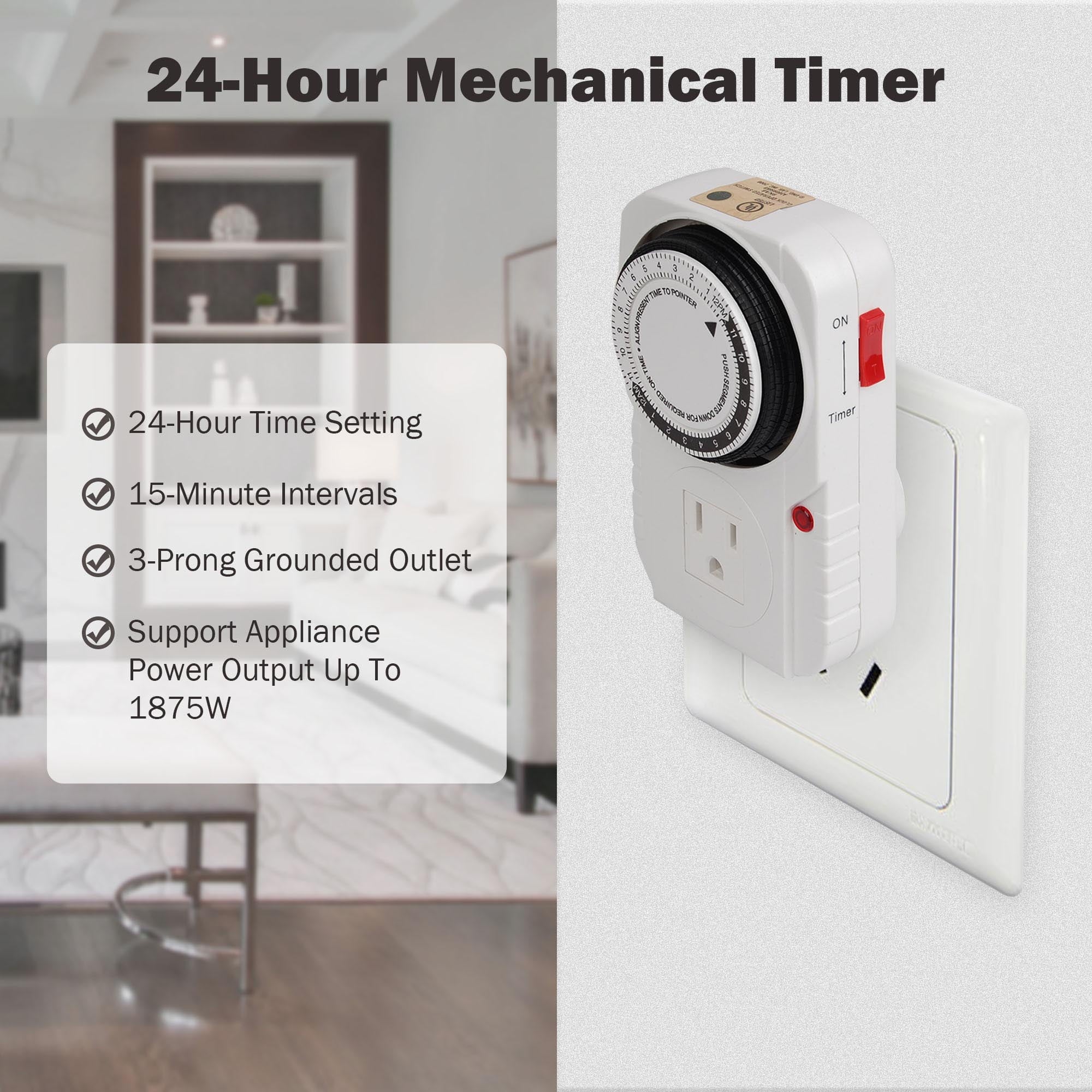 Yescom 24-hour 1875W 15A Grounded Mechanical Timer Outlet - Great for Christmas & Halloween Décor, 2 Pack