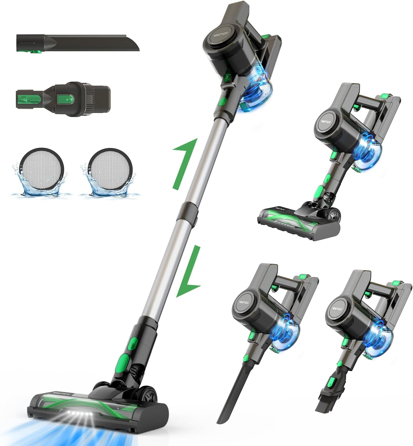 Vactidy V9 Cordless Vacuum Cleaner 6-in-1 Lightweight Stick Vacuum Cleaner with Brushless Motor, 45 Min Runtime, for Hard Floors and Carpets, Green