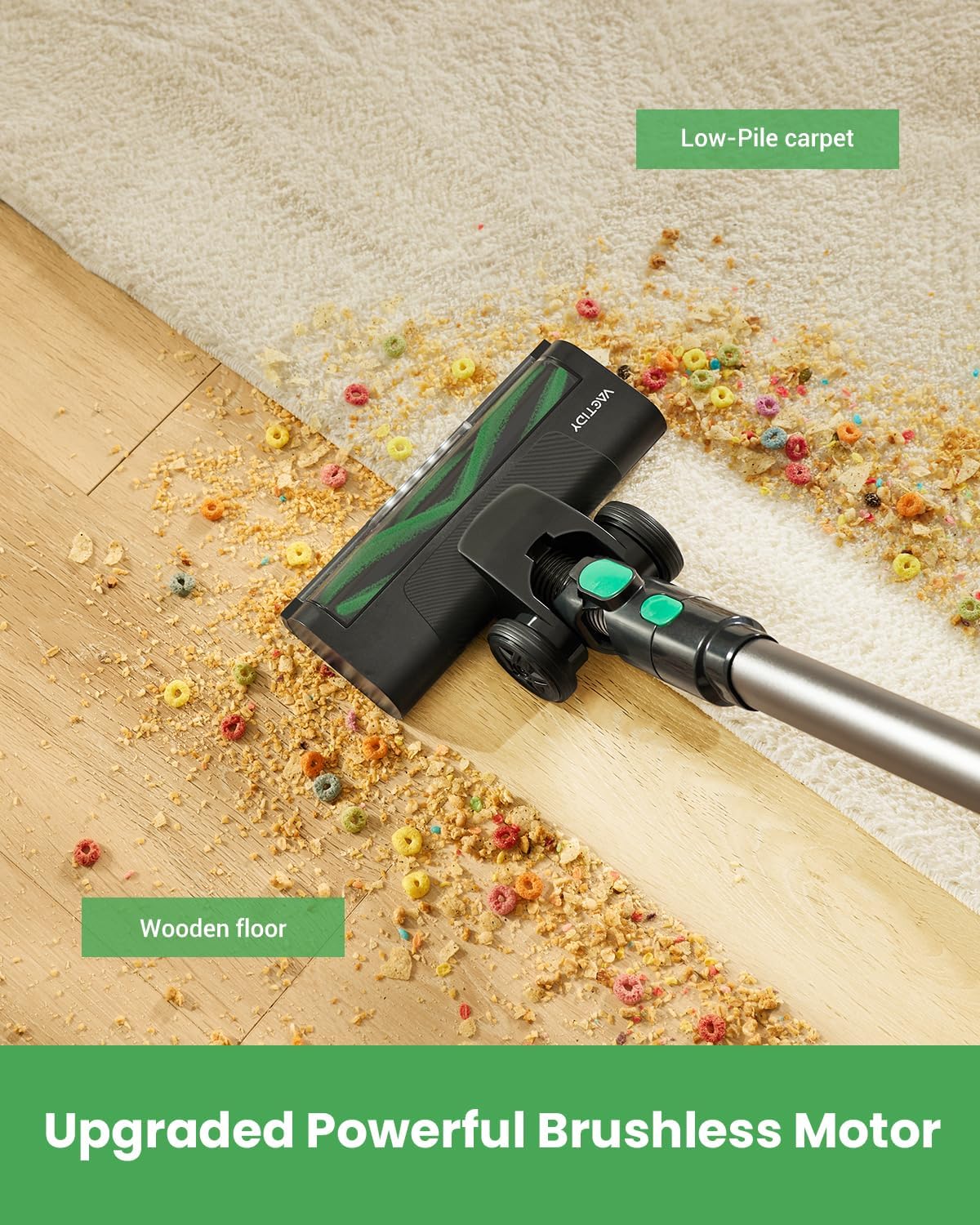 Vactidy V9 Cordless Vacuum Cleaner 6-in-1 Lightweight Stick Vacuum Cleaner with Brushless Motor, 45 Min Runtime, for Hard Floors and Carpets, Green