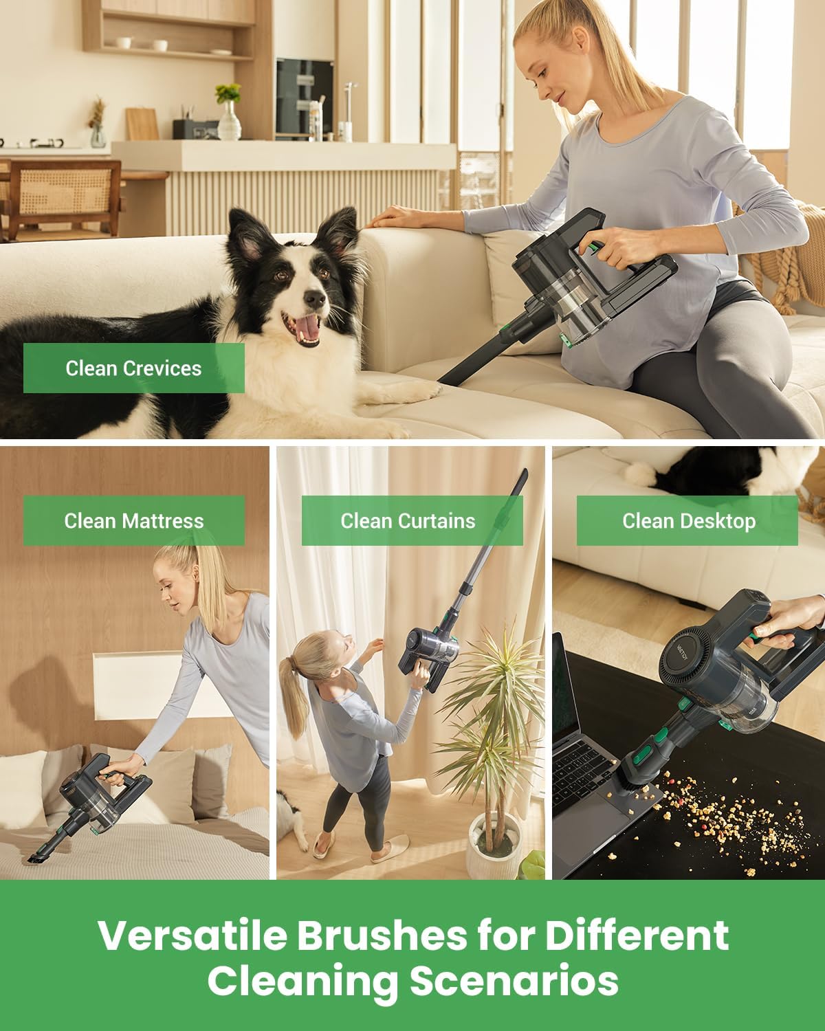 Vactidy V9 Cordless Vacuum Cleaner 6-in-1 Lightweight Stick Vacuum Cleaner with Brushless Motor, 45 Min Runtime, for Hard Floors and Carpets, Green