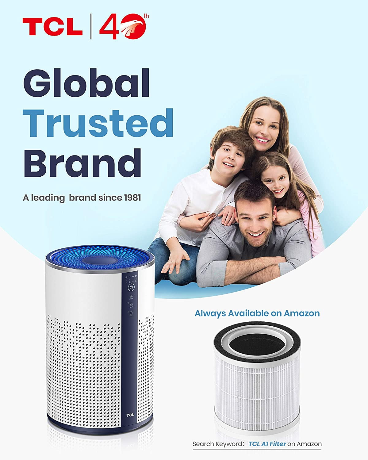 TCL Breeva A1 Air Purifier for Home, Bedroom, Smart Wi-Fi Alexa Control, True H13 HEPA Air Filter Remove 99.97% Smoke, Odor, Pet Dander, Dust, Pollen, Air Cleaner, with Night Light (A1W15W)
