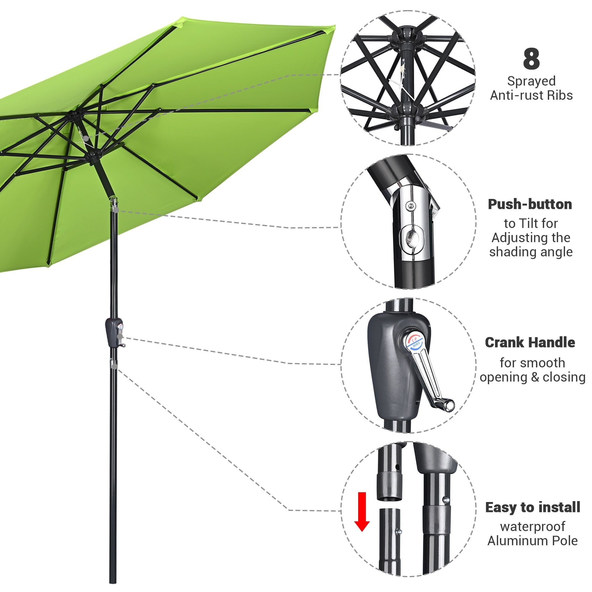 Yescom 9Ft Outdoor Table Patio Umbrella with Crank Tilt Aluminum, Green Glow