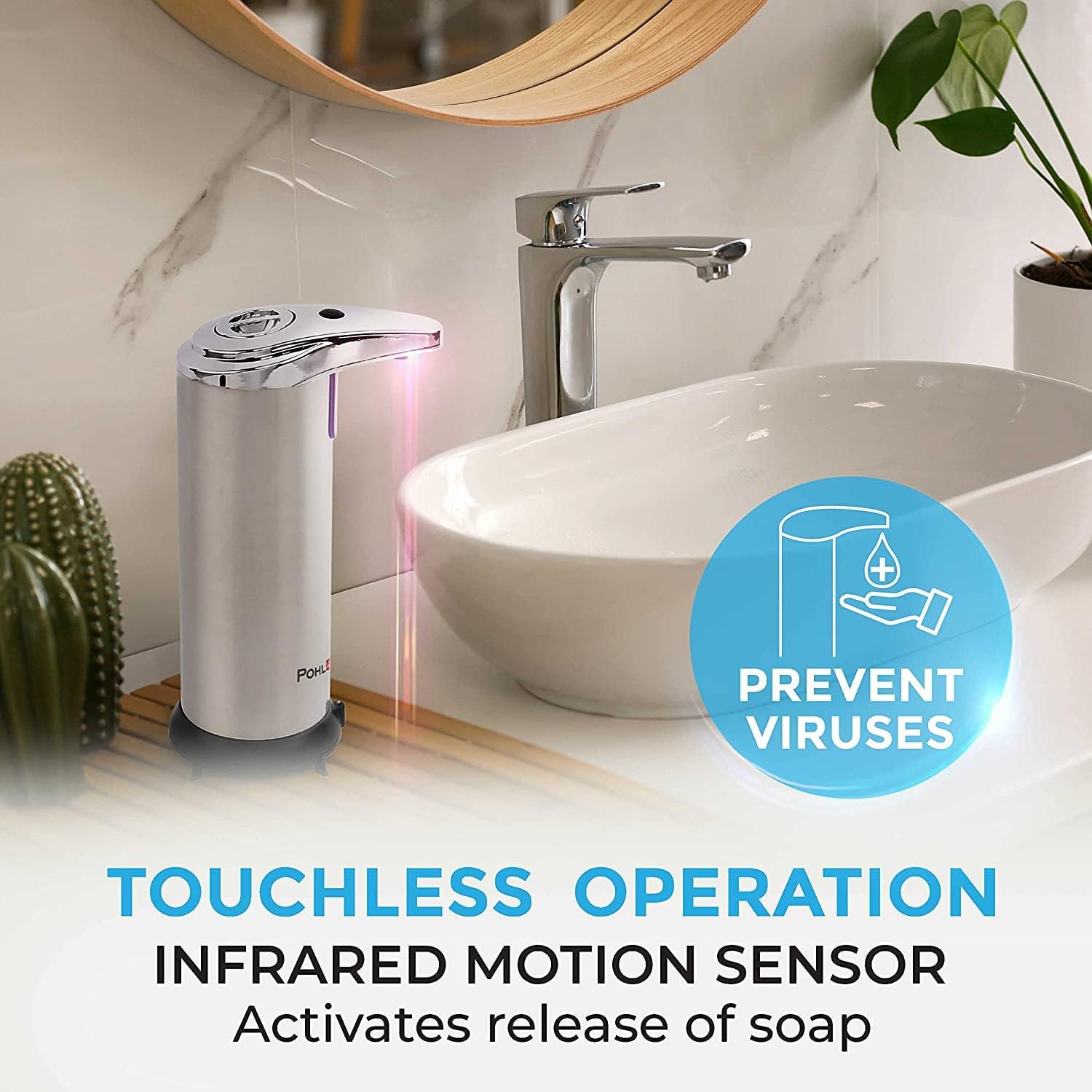 POHL SCHMITT Premium Automatic Soap Dispenser Touchless Battery Operated, 3 Adjustment Levels, Waterproof and Leakproof, Stainless Steel, 2 Pack