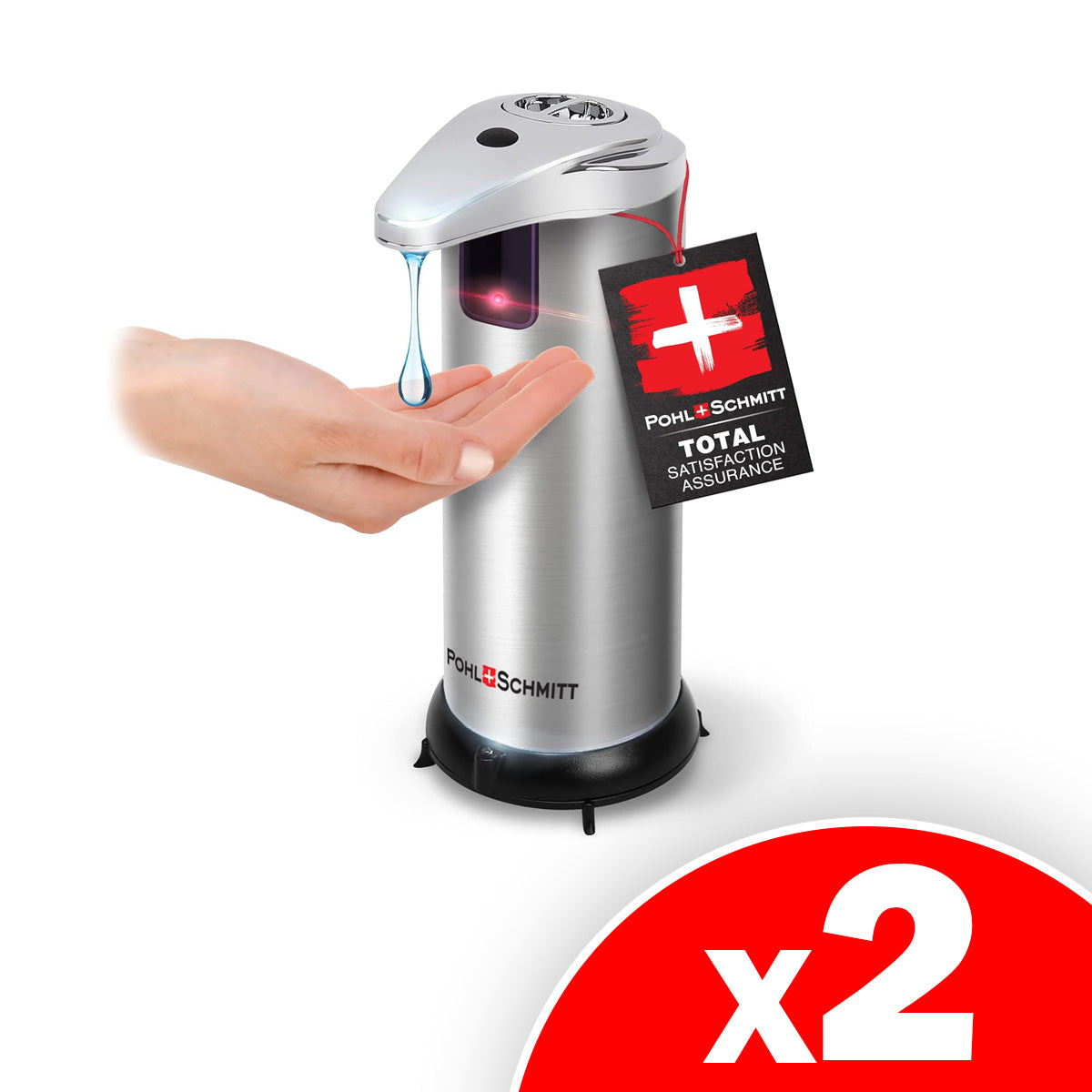 POHL SCHMITT Premium Automatic Soap Dispenser Touchless Battery Operated, 3 Adjustment Levels, Waterproof and Leakproof, Stainless Steel, 2 Pack