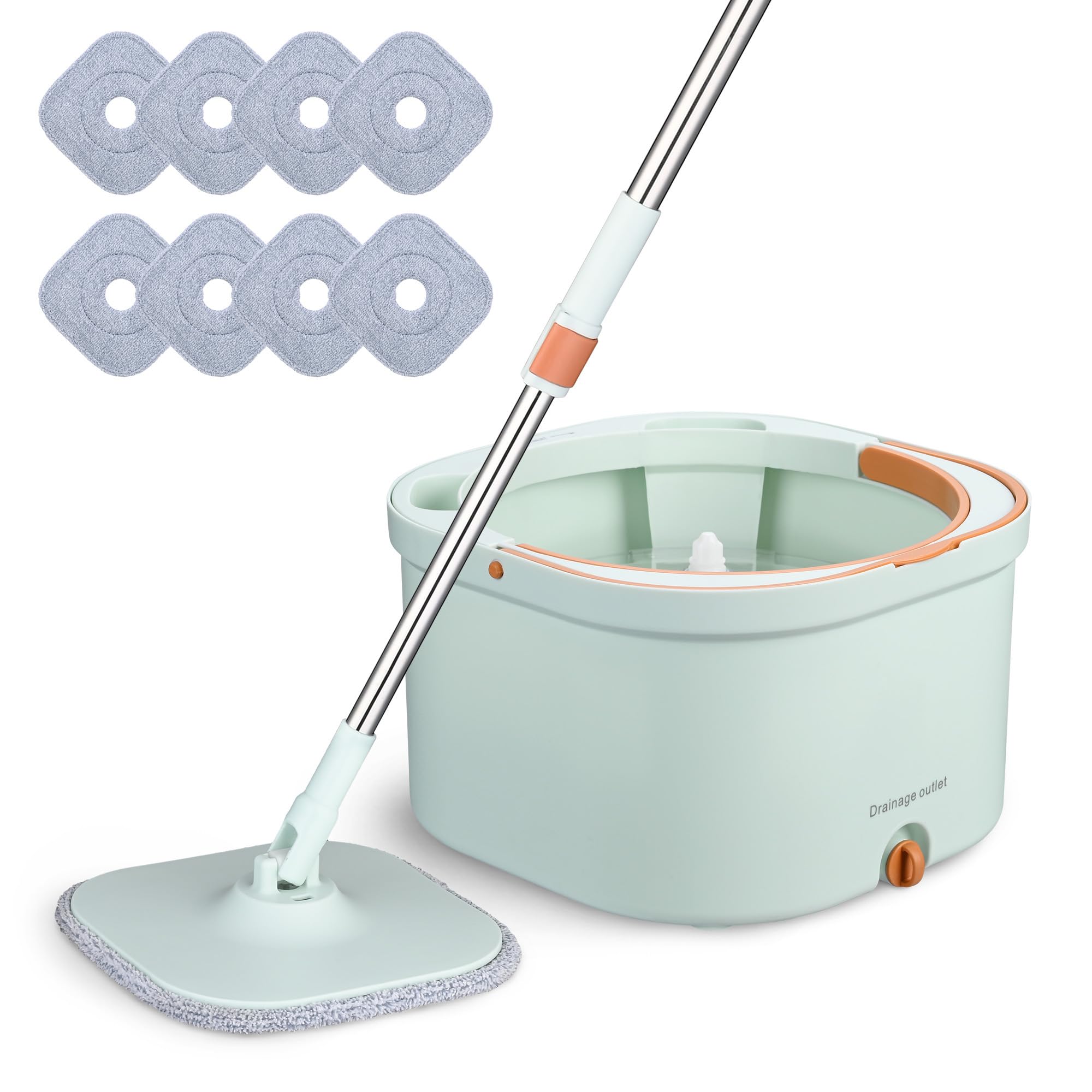 Yescom Square 360 Spin Easy Mop and Bucket System 8 Microfiber Pads Set Self Separates Dirty and Clean Water Rotating Cleaning System Filtration Wringer for Hardwood, Marble, Tile Floor Green