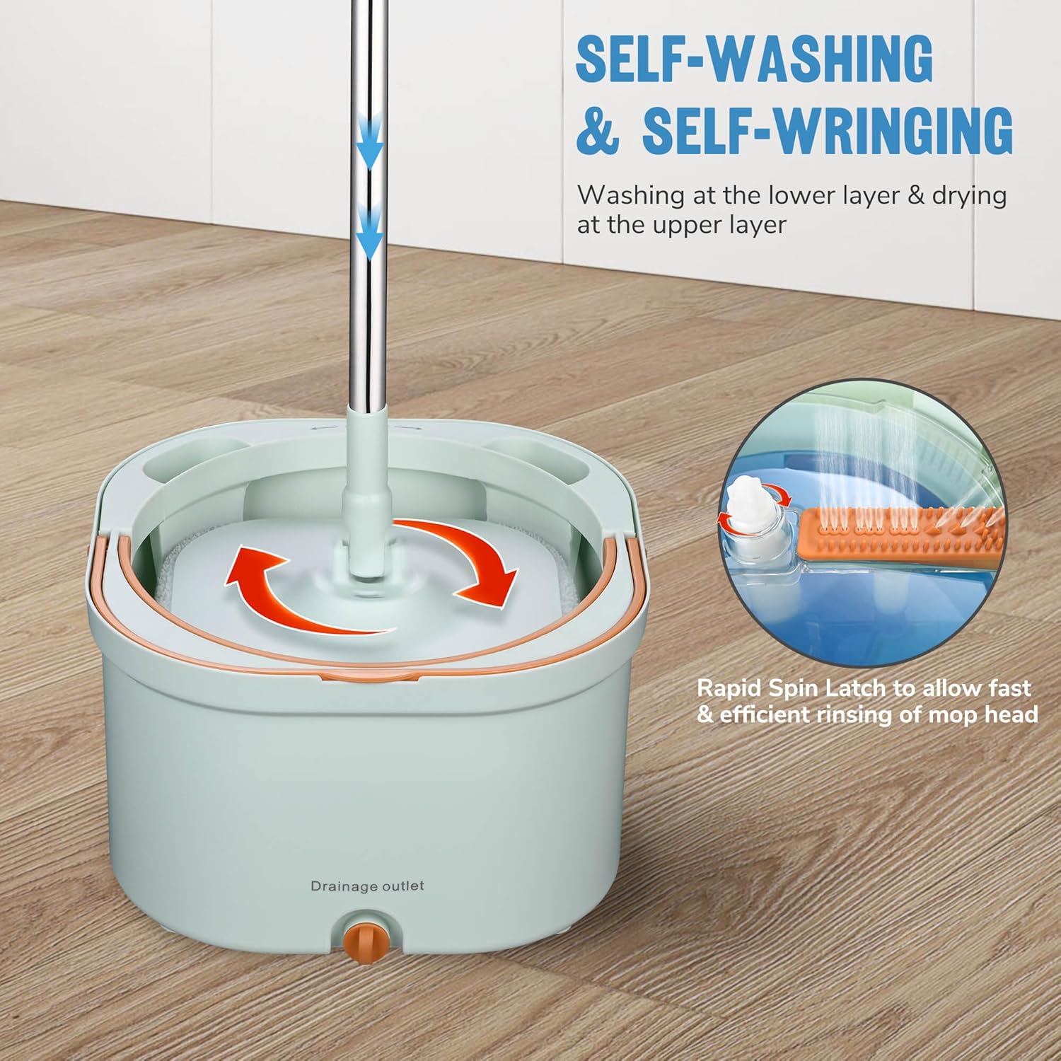 Yescom Square 360 Spin Easy Mop and Bucket System 8 Microfiber Pads Set Self Separates Dirty and Clean Water Rotating Cleaning System Filtration Wringer for Hardwood, Marble, Tile Floor Green