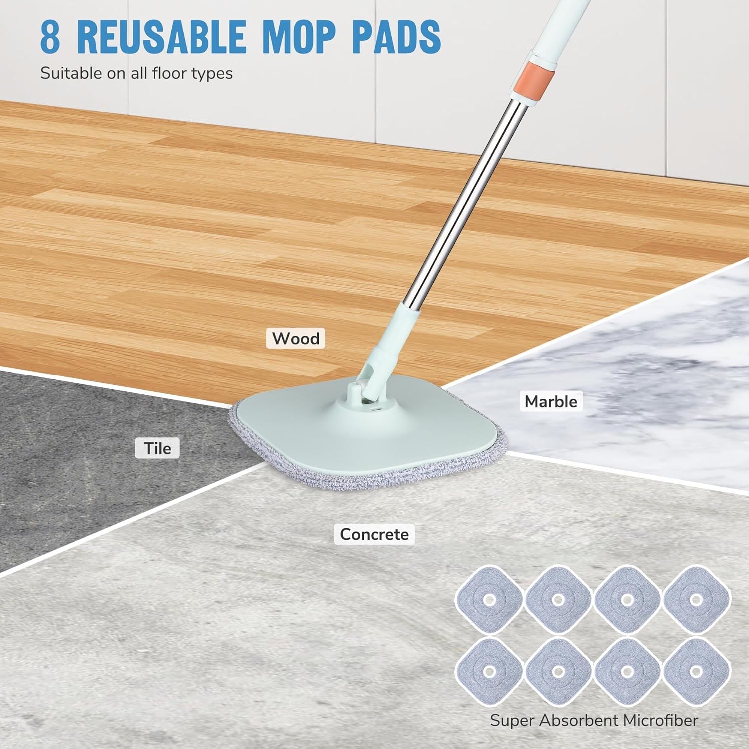 Yescom Square 360 Spin Easy Mop and Bucket System 8 Microfiber Pads Set Self Separates Dirty and Clean Water Rotating Cleaning System Filtration Wringer for Hardwood, Marble, Tile Floor Green