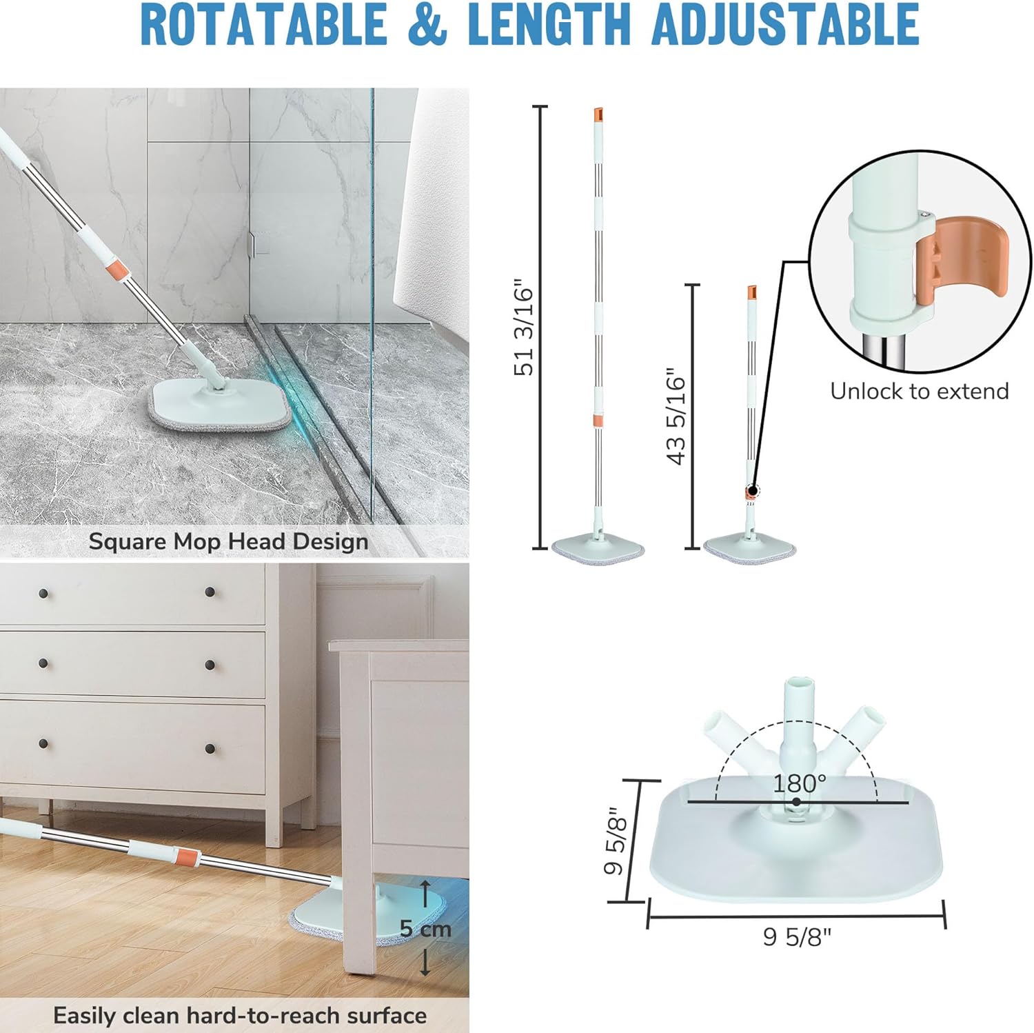 Yescom Square 360 Spin Easy Mop and Bucket System 8 Microfiber Pads Set Self Separates Dirty and Clean Water Rotating Cleaning System Filtration Wringer for Hardwood, Marble, Tile Floor Green