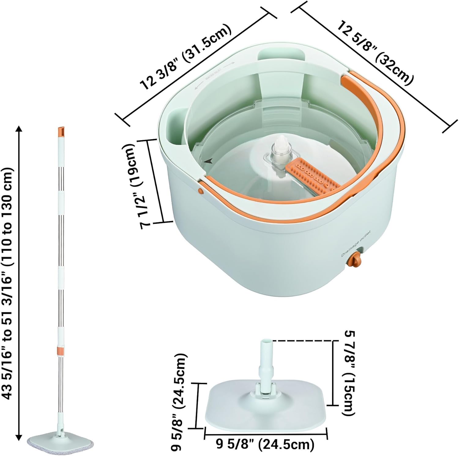 Yescom Square 360 Spin Easy Mop and Bucket System 8 Microfiber Pads Set Self Separates Dirty and Clean Water Rotating Cleaning System Filtration Wringer for Hardwood, Marble, Tile Floor Green