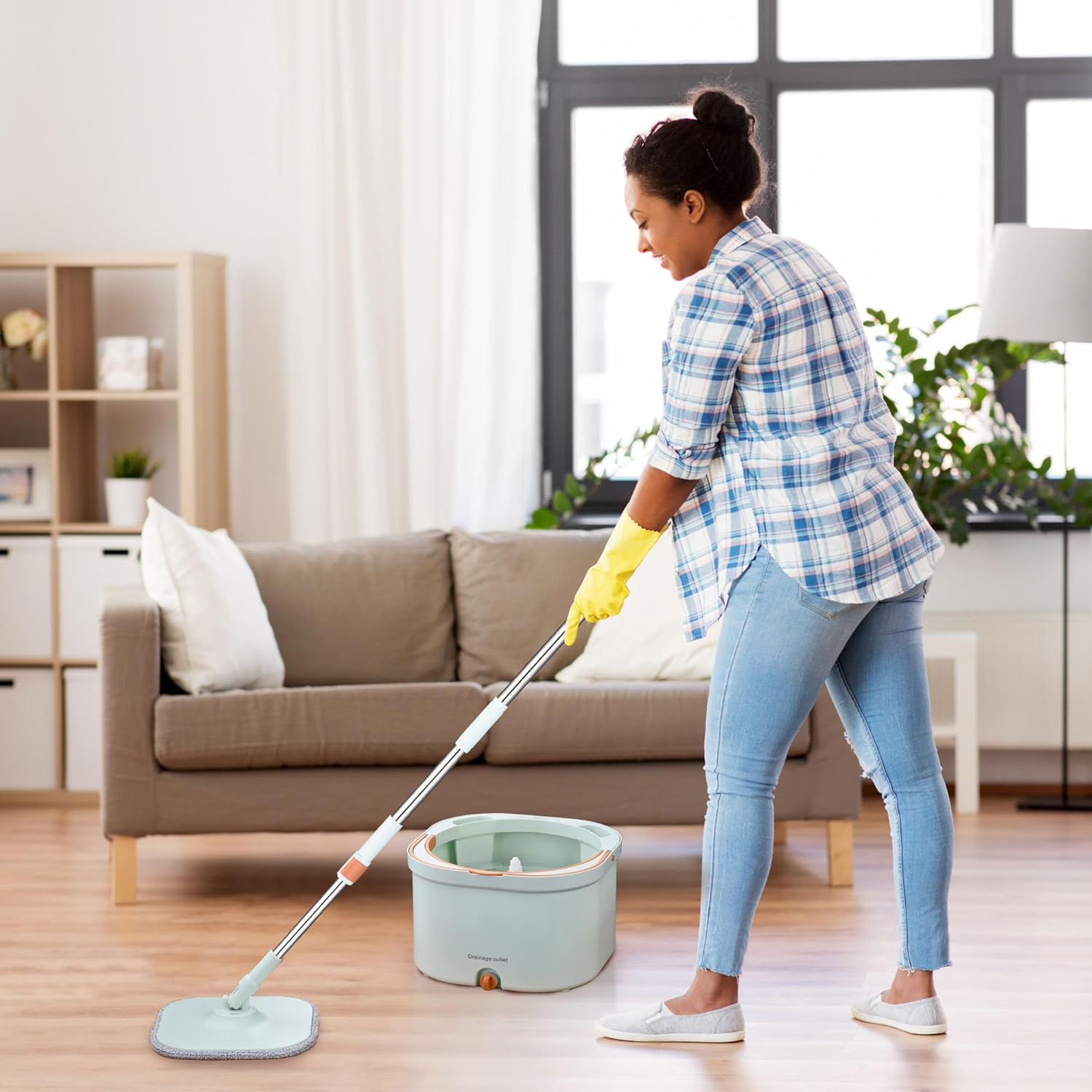Yescom Square 360 Spin Easy Mop and Bucket System 8 Microfiber Pads Set Self Separates Dirty and Clean Water Rotating Cleaning System Filtration Wringer for Hardwood, Marble, Tile Floor Green