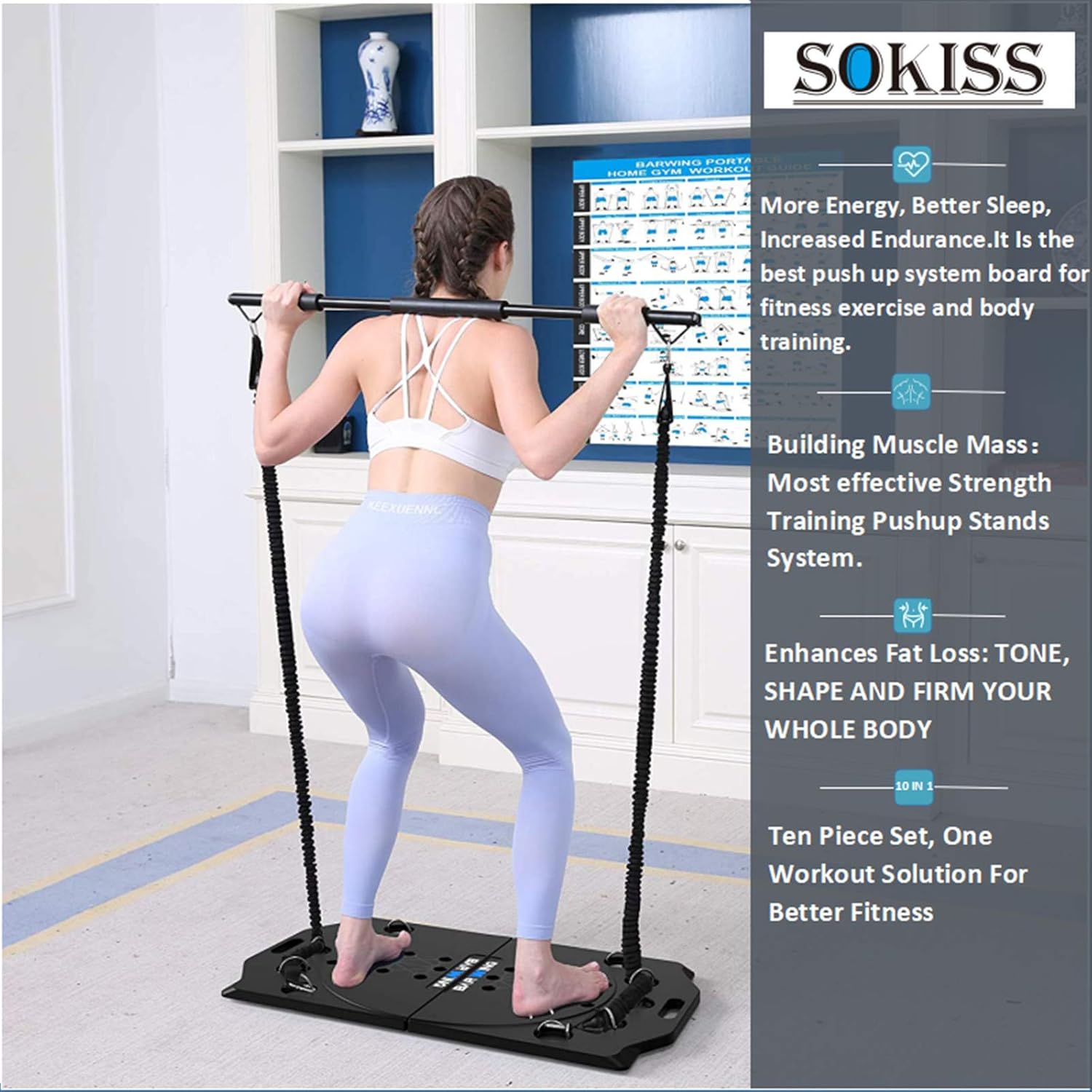 Sokiss Portable Home Gym | 10-in-1 Home Gym Equipment with Resistance Bands | Push Up Bars Set | Foldable Push Up Board Strength Training for Full Body Workouts System