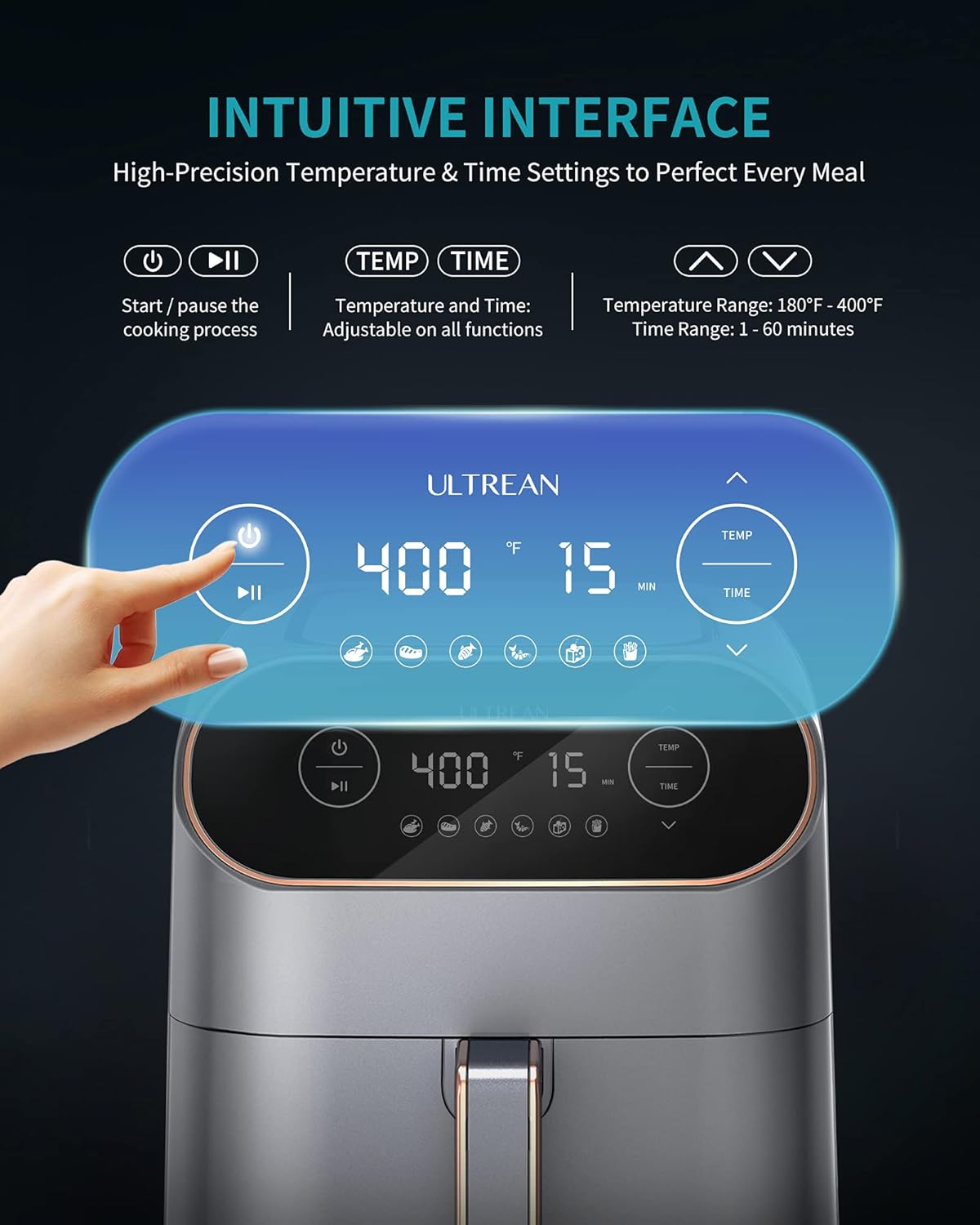 Ultrean Air Fryer, 9 Quart 6-in-1 Electric Hot XL Airfryer Oven Oilless Cooker, Large Family Size LCD Touch Control Panel and Nonstick Basket, ETL Certified, 1750W