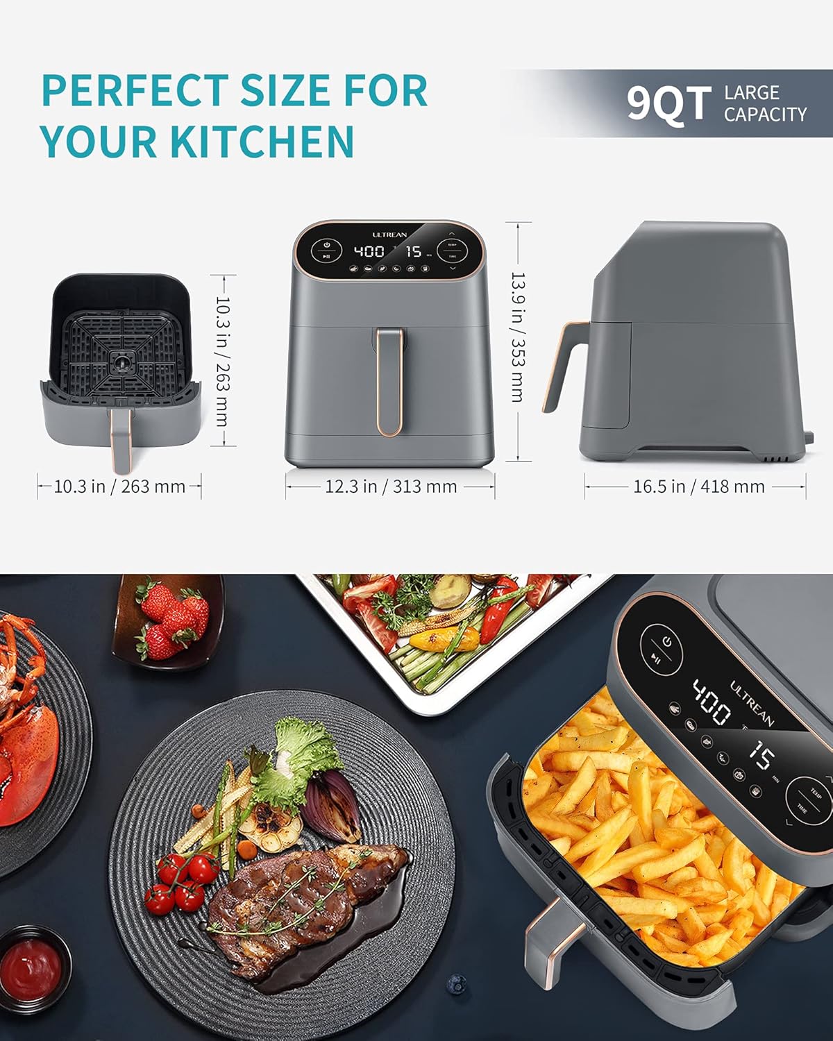 Ultrean Air Fryer, 9 Quart 6-in-1 Electric Hot XL Airfryer Oven Oilless Cooker, Large Family Size LCD Touch Control Panel and Nonstick Basket, ETL Certified, 1750W