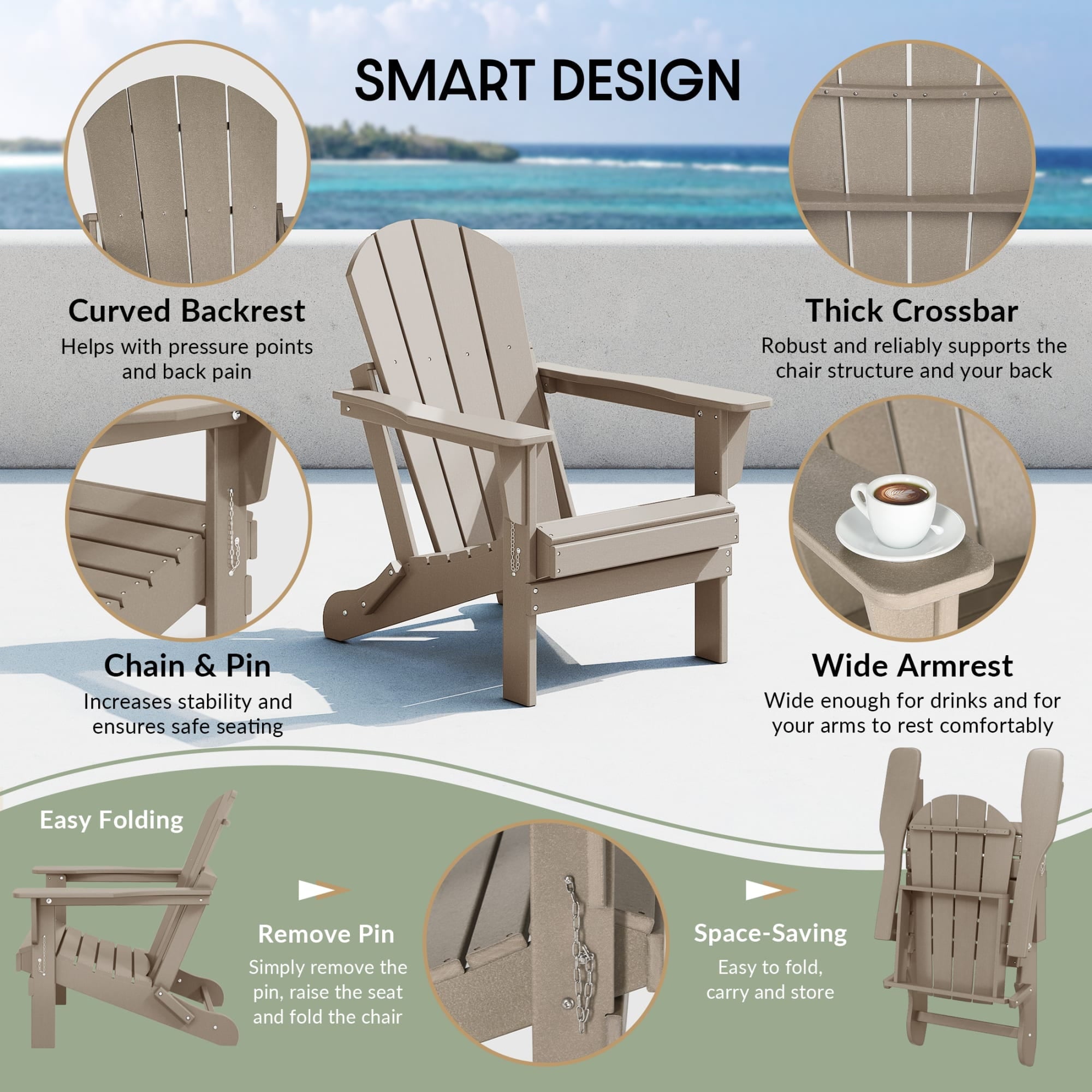 HDPE Outdoor Folding Adirondack Chair, Teak
