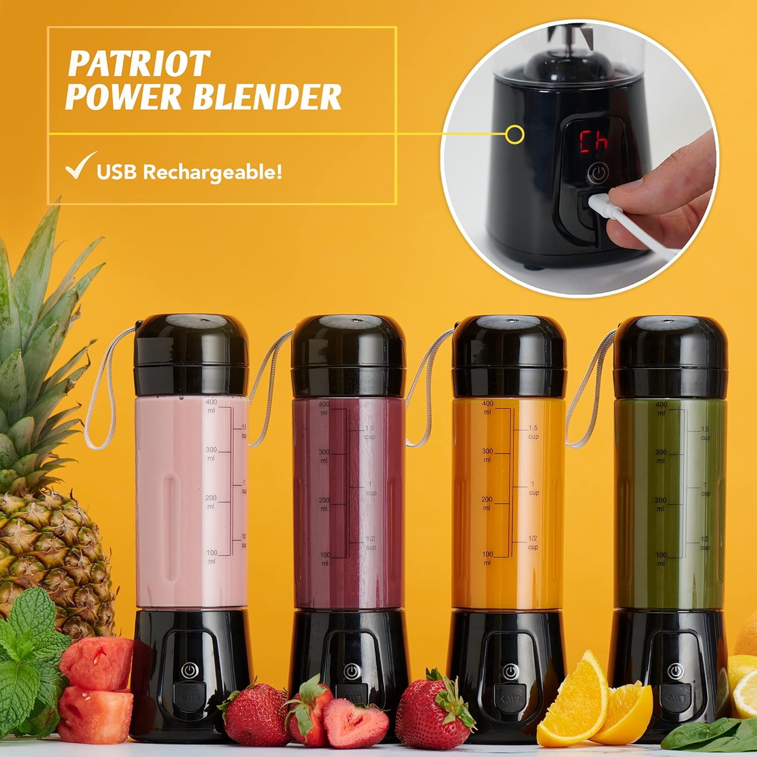 Patriot Power Blender, Portable, Cord-Free USB Rechargeable Mini Blender, Make Smoothies, Protein Shakes, Slushies for Kids & Margaritas On-The-Go, Gym, Camping, 2 Pack
