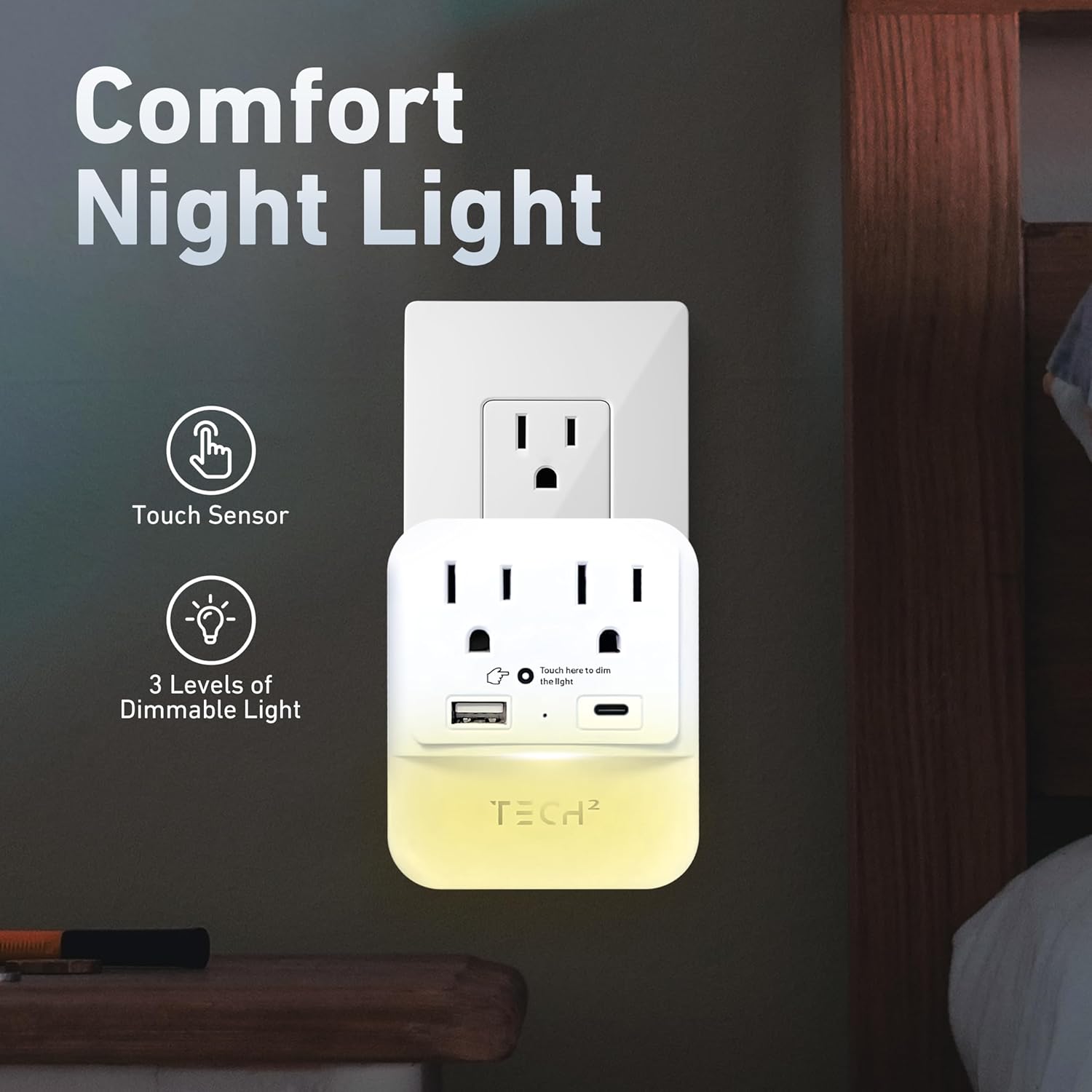 TECH Multi Plug Wall Outlet Surge Protector with USB Ports & Night Light - 2 Outlet Extender with 2 USB Ports (1 USB-C) - Power Strip with Adapter Spaced Outlets for Home, Travel, Office (White), 4 Pack