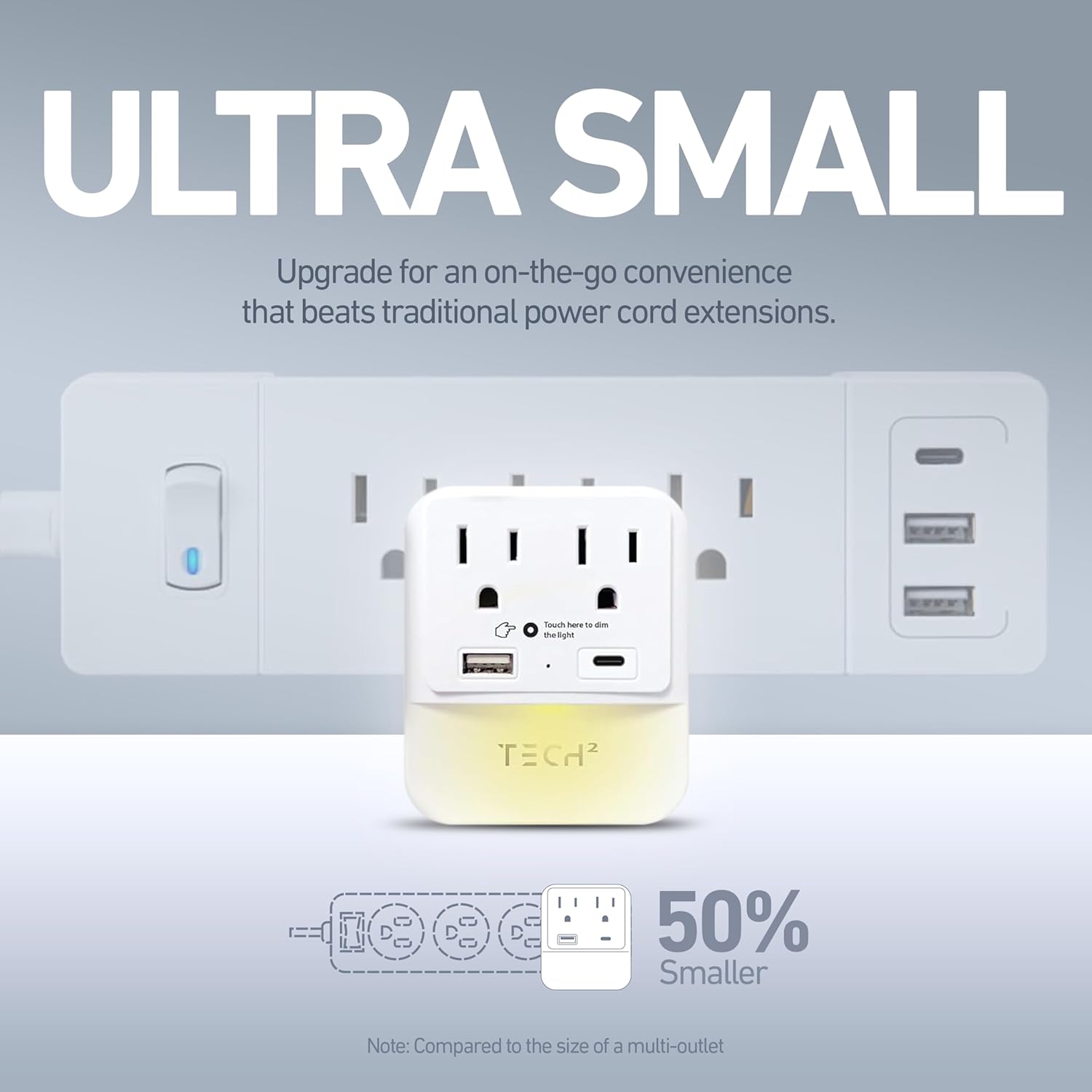 TECH Multi Plug Wall Outlet Surge Protector with USB Ports & Night Light - 2 Outlet Extender with 2 USB Ports (1 USB-C) - Power Strip with Adapter Spaced Outlets for Home, Travel, Office (White), 4 Pack