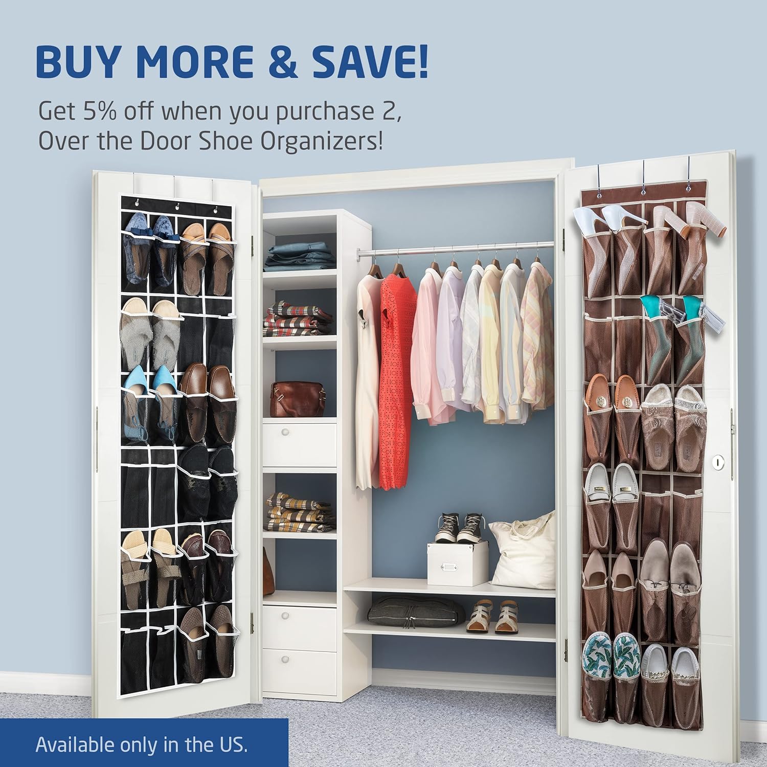 ZOBER Over The Door Shoe Organizer - 24 Breathable Pockets - Pantry Organizer, Laundry Room, Toy Storage Organizer - Chrome Hooks, Easy Set Up, 2 Pack