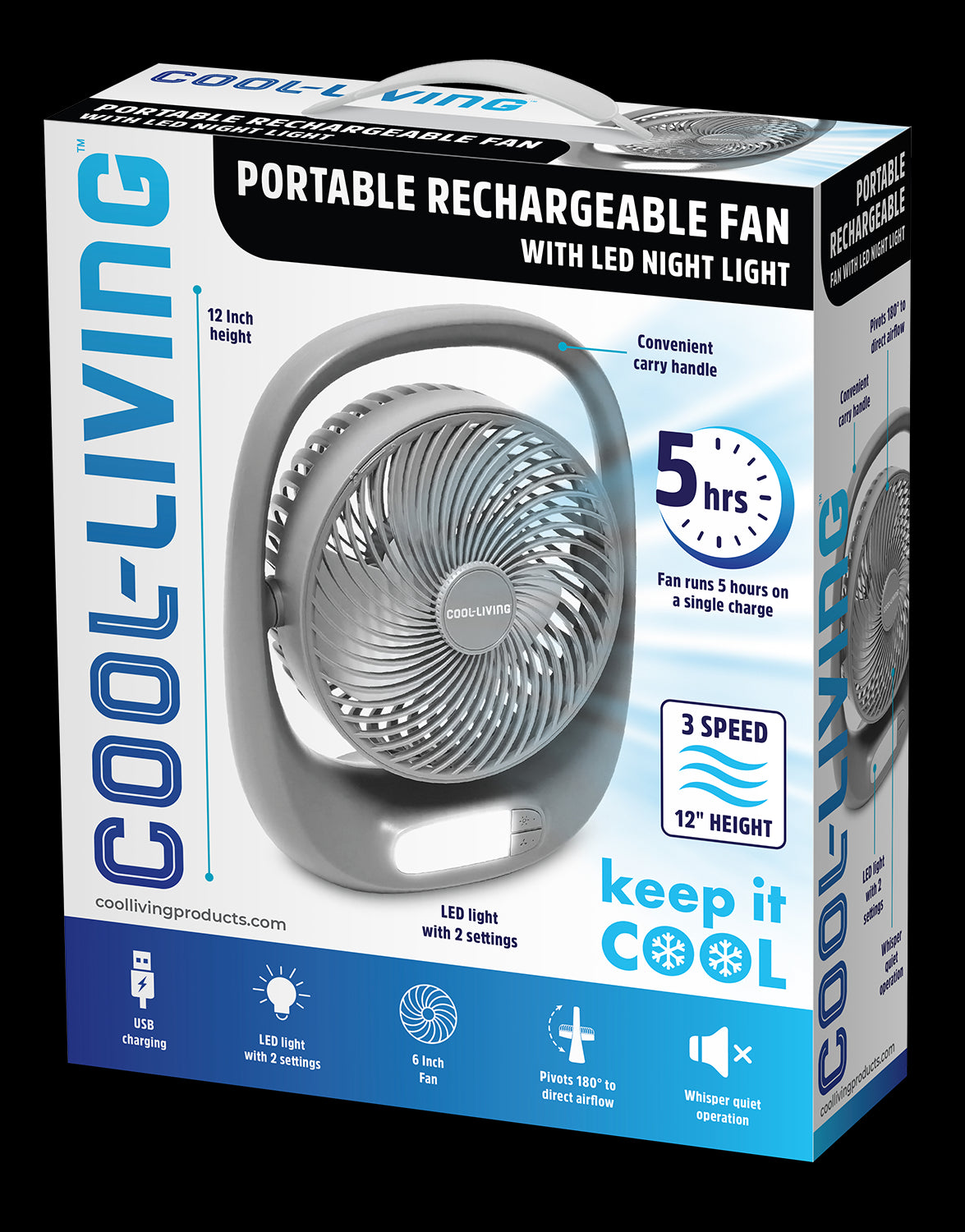 Cool- Living Portable Rechargeable Fan with LED Night Light, Silver, 2 Pack