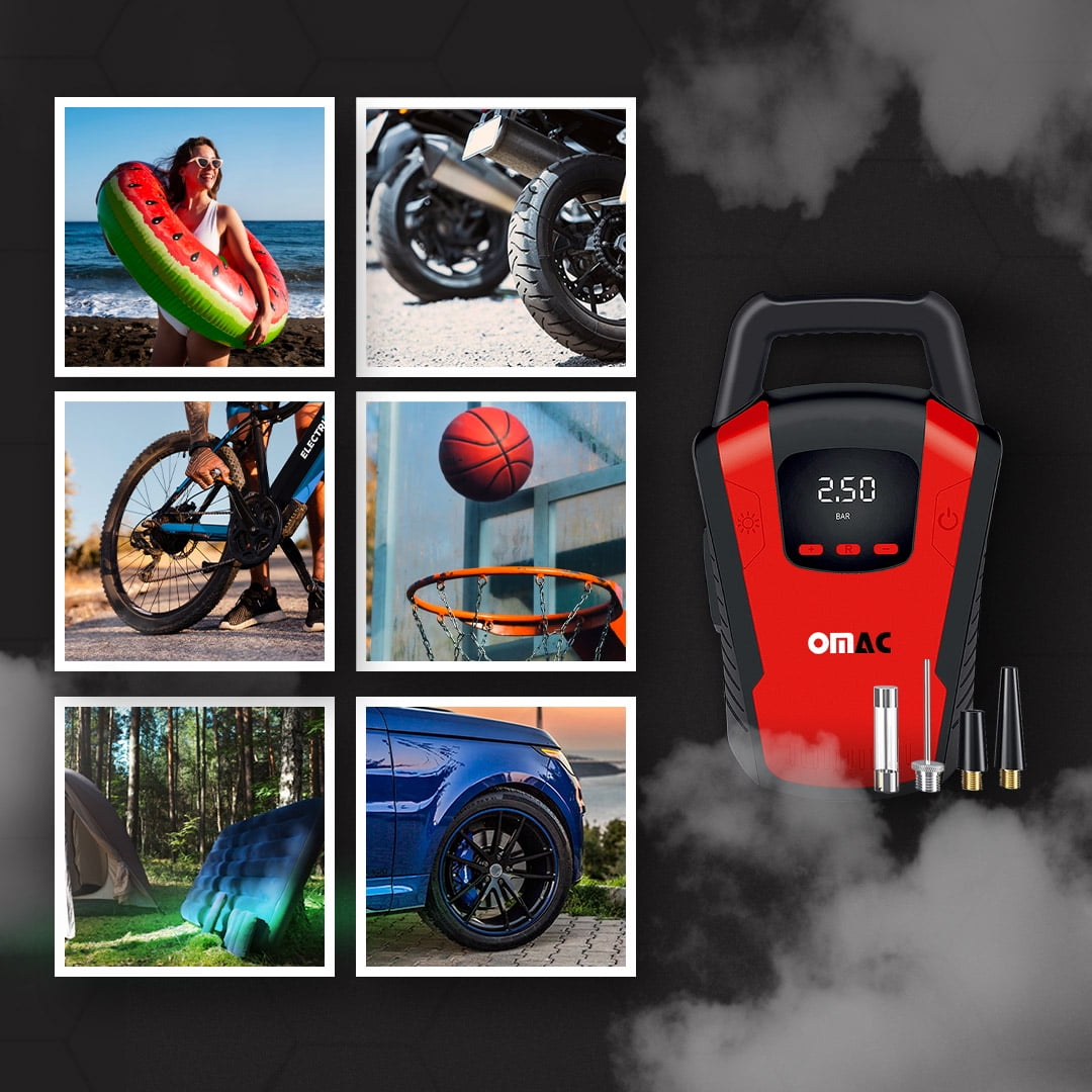 OMAC Car Tire Pump, Cigarette Lighter Tire Inflator, 12V, Portable Air Compressor, Air Pump, Digital Pressure Gauge,150PSI, LED Light, Red, 2 Pack