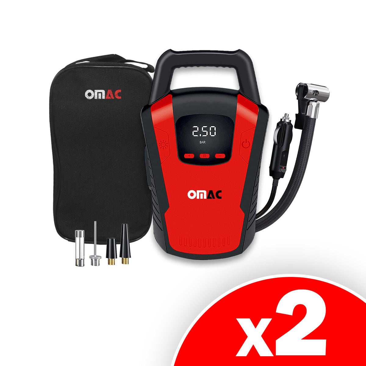 OMAC Car Tire Pump, Cigarette Lighter Tire Inflator, 12V, Portable Air Compressor, Air Pump, Digital Pressure Gauge,150PSI, LED Light, Red, 2 Pack