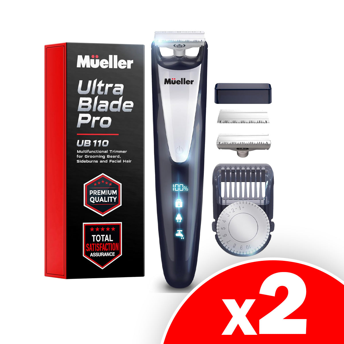 Mueller Pro Grooming UltraOneBlade Trimmer for Men - Beard and Mustache - Electric Razor Cordless, Waterproof Adjustable Hair Length, and Battery Indicator for Precision Grooming, 2 Pack