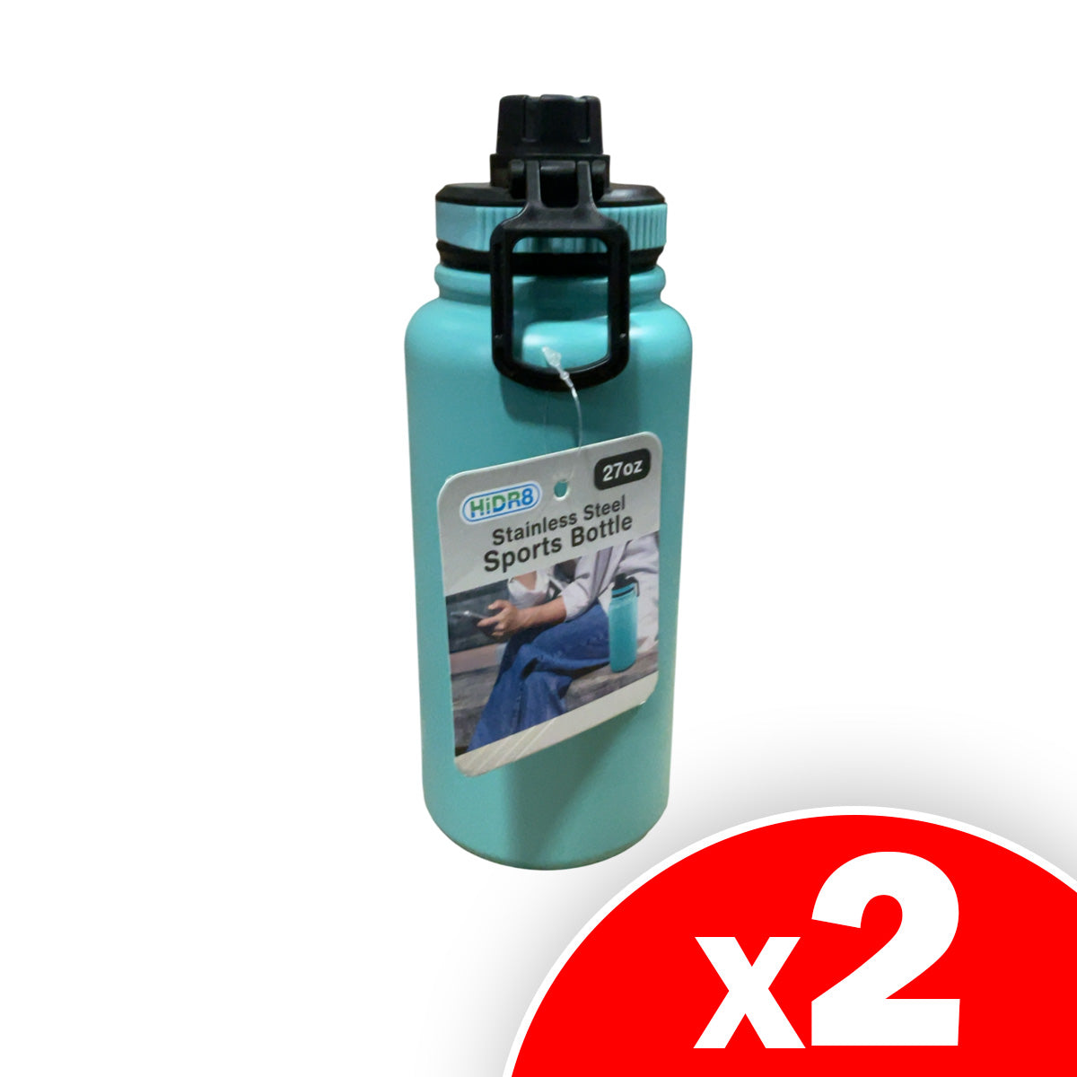 HiDR8 27 oz Stainless Steel Sports Bottle, Turquoise, 2 Pack