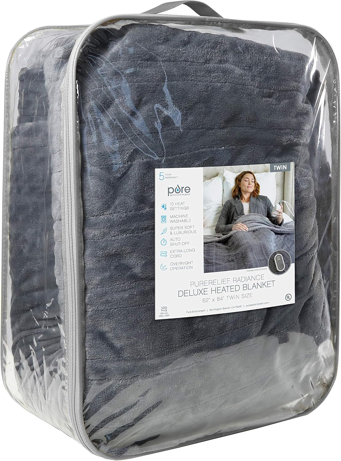 Pure Enrichment PureRelief Deluxe Heated Blanket - 10 Heat Settings, Super Soft Micromink Velvet Fabric, LCD Controller, Auto Shut-Off Timer, Machine Washable - Twin Size Electric Blanket